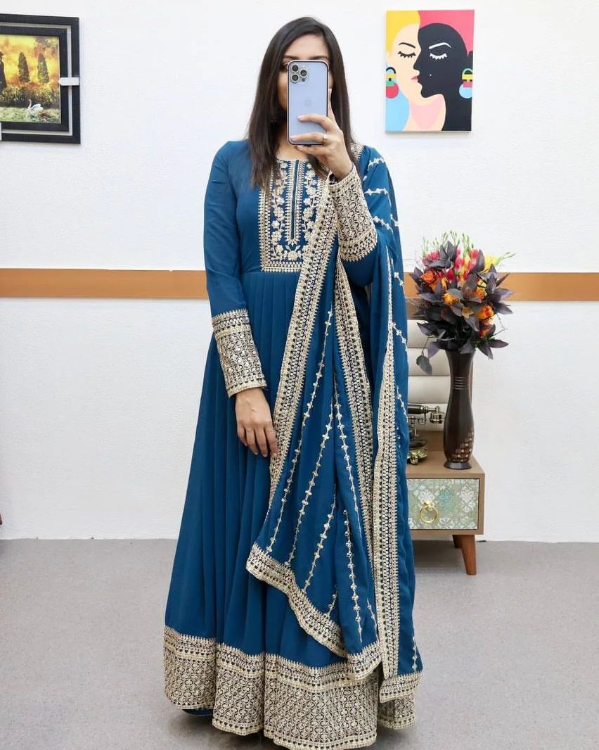 Breathtaking Faux Georgette Sequins Cording Worked Designer Gown - Ethnicwish