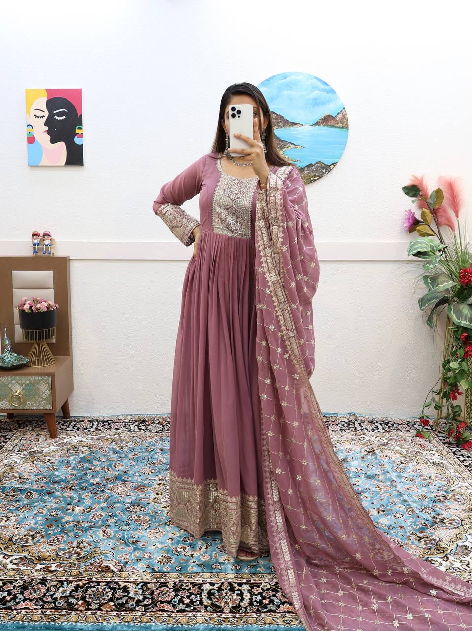 Breathtaking Faux Georgette Sequins Cording Worked Designer Gown - Ethnicwish