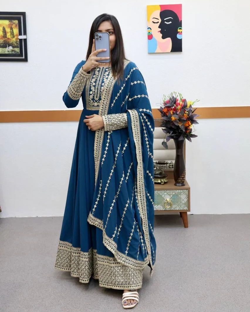 Breathtaking Faux Georgette Sequins Cording Worked Designer Gown - Ethnicwish