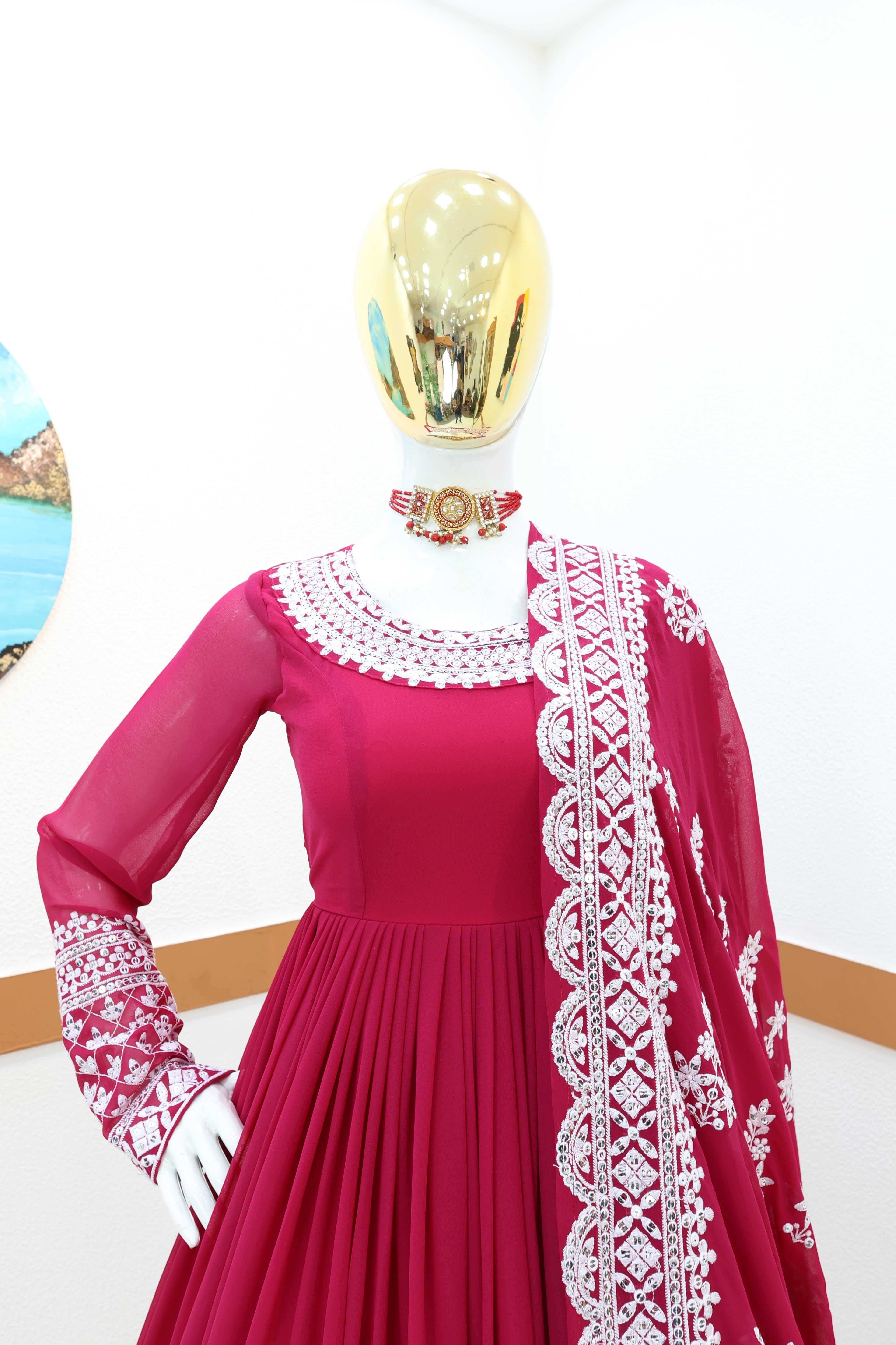 Breathtaking Faux Georgette Sequins Cording Worked Designer Gown - Ethnicwish