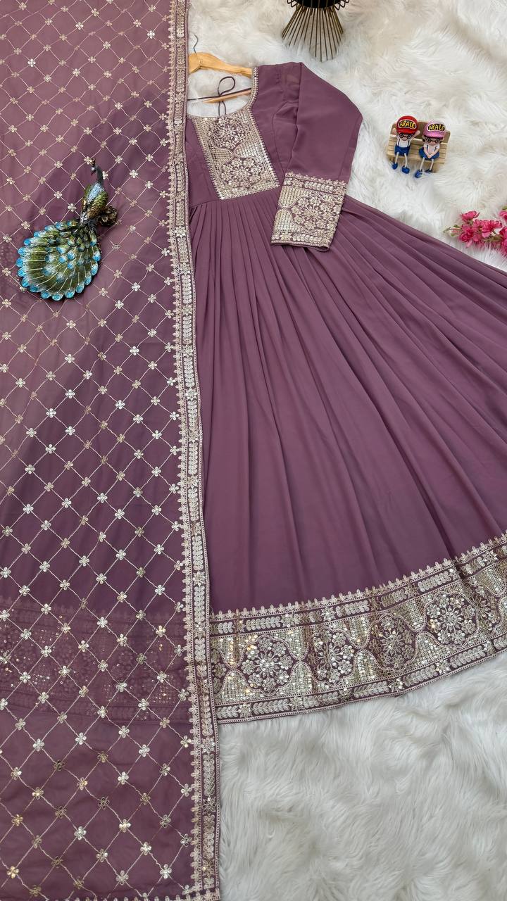 Breathtaking Faux Georgette Sequins Cording Worked Designer Gown - Ethnicwish