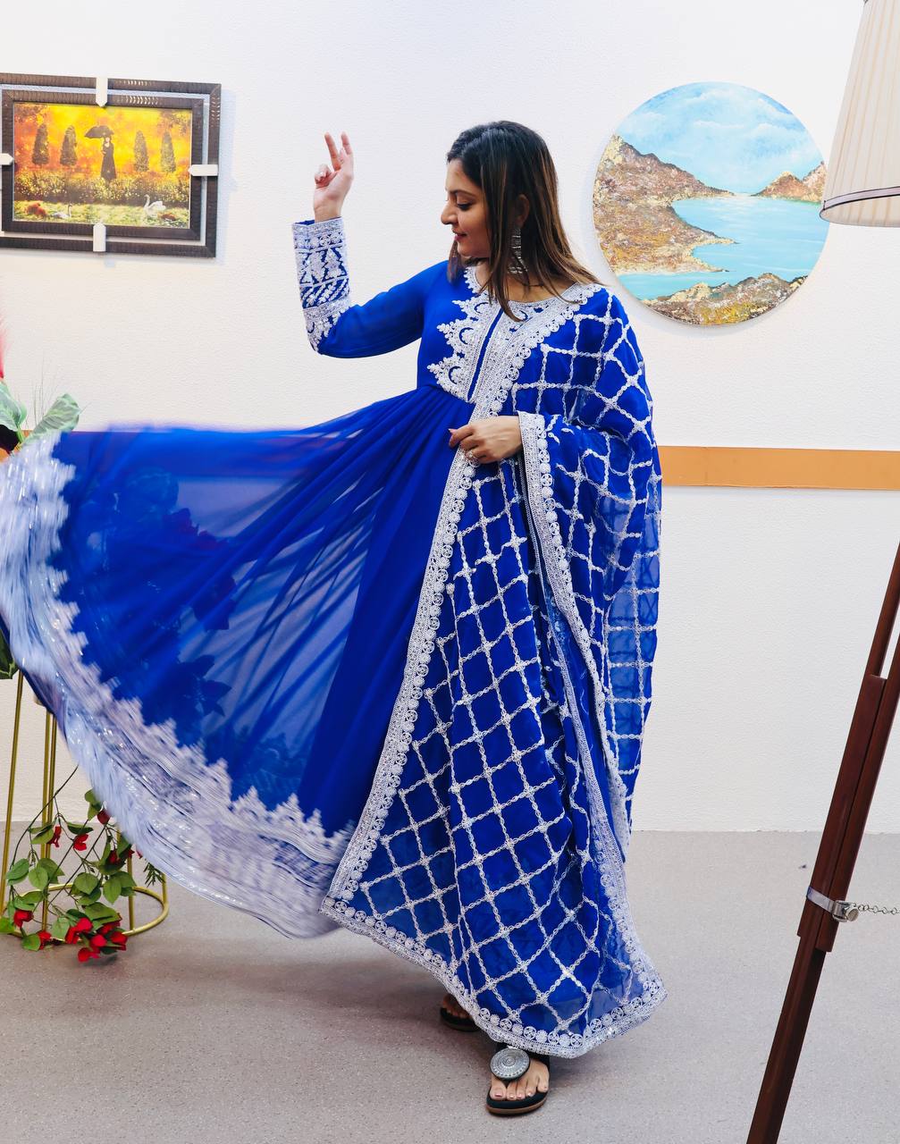 Breathtaking Faux Georgette Sequins Cording Worked Designer Gown - Ethnicwish