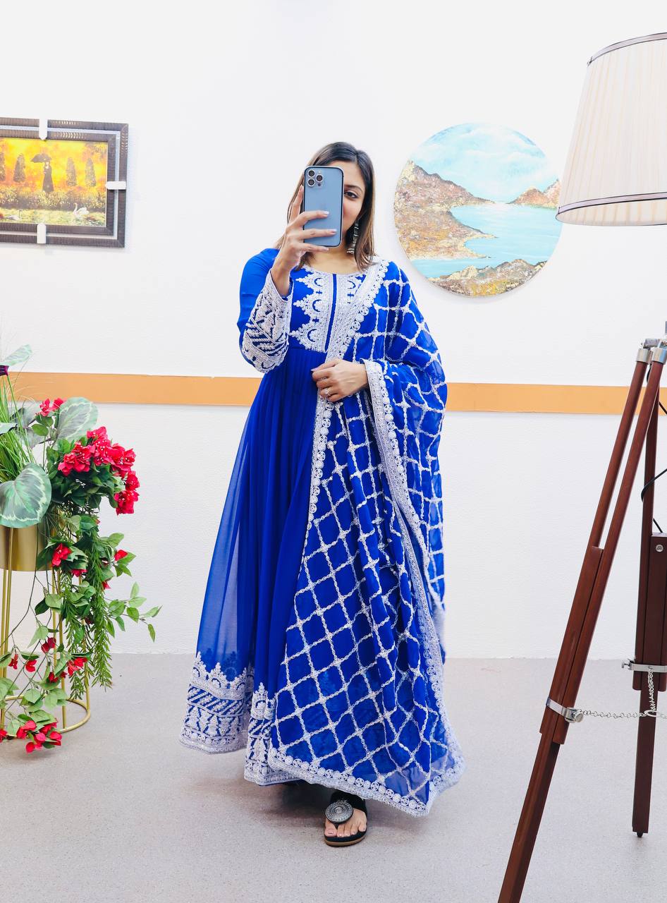 Breathtaking Faux Georgette Sequins Cording Worked Designer Gown - Ethnicwish