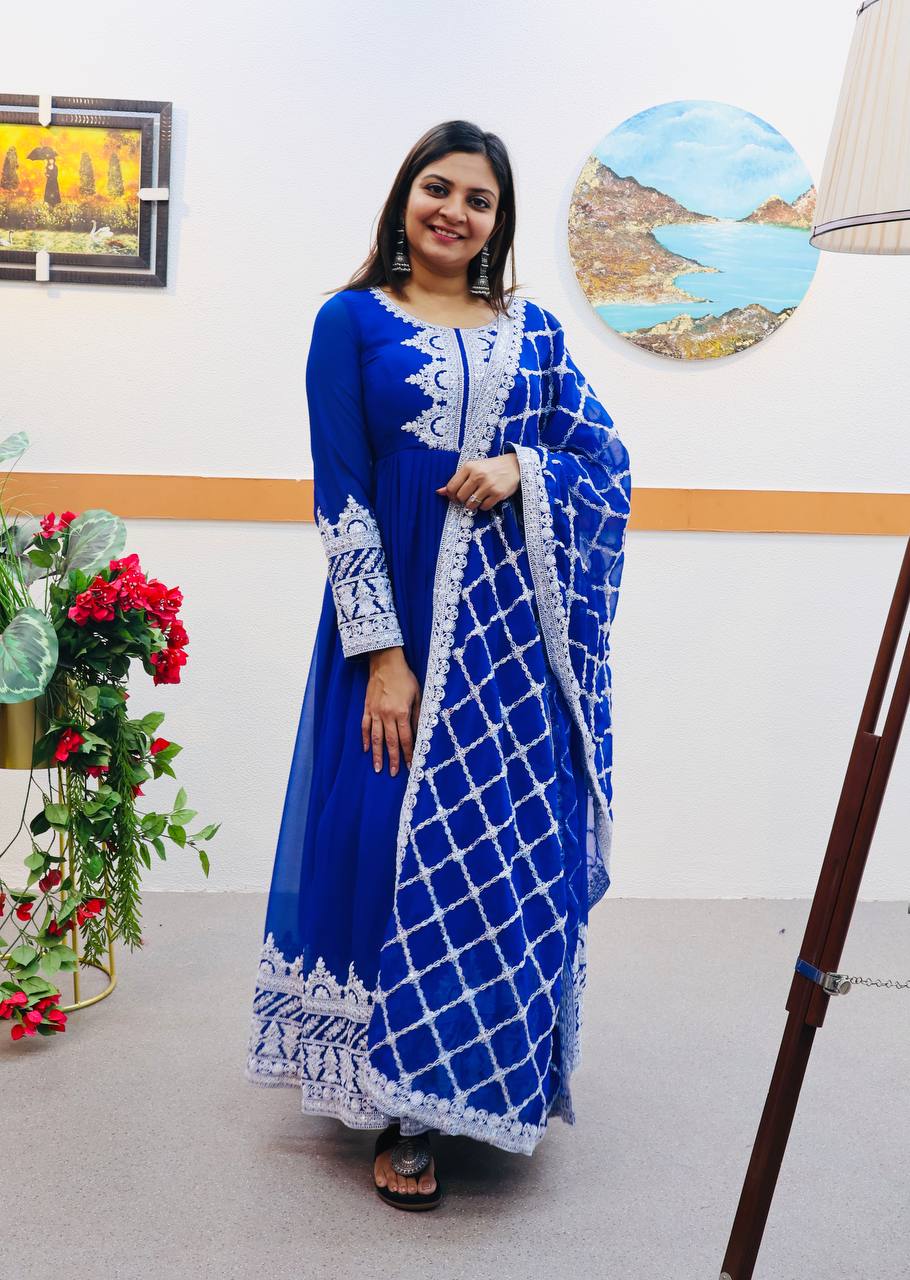 Breathtaking Faux Georgette Sequins Cording Worked Designer Gown - Ethnicwish