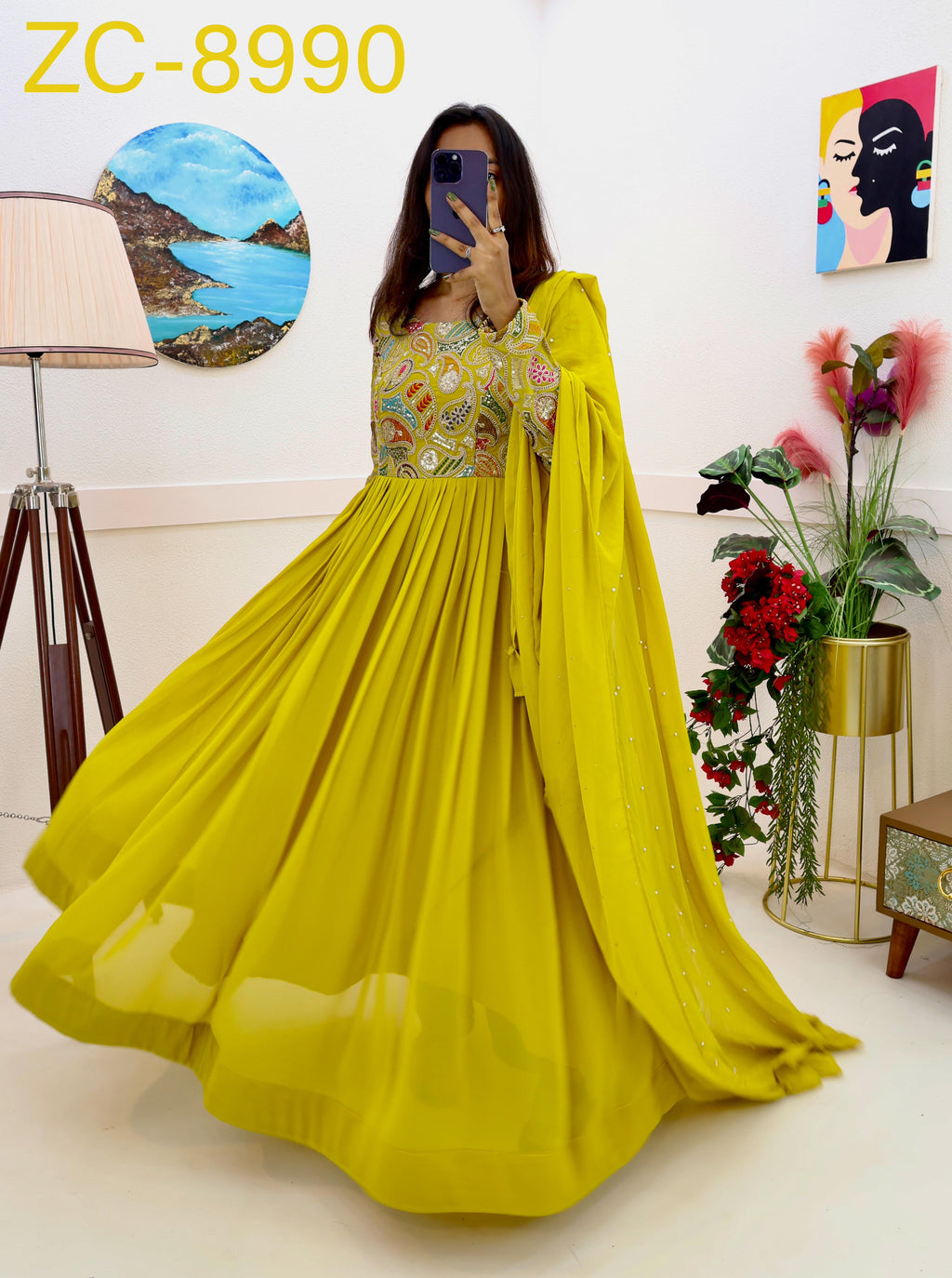 Breathtaking Faux Georgette Sequins Cording Worked Designer Gown - Ethnicwish