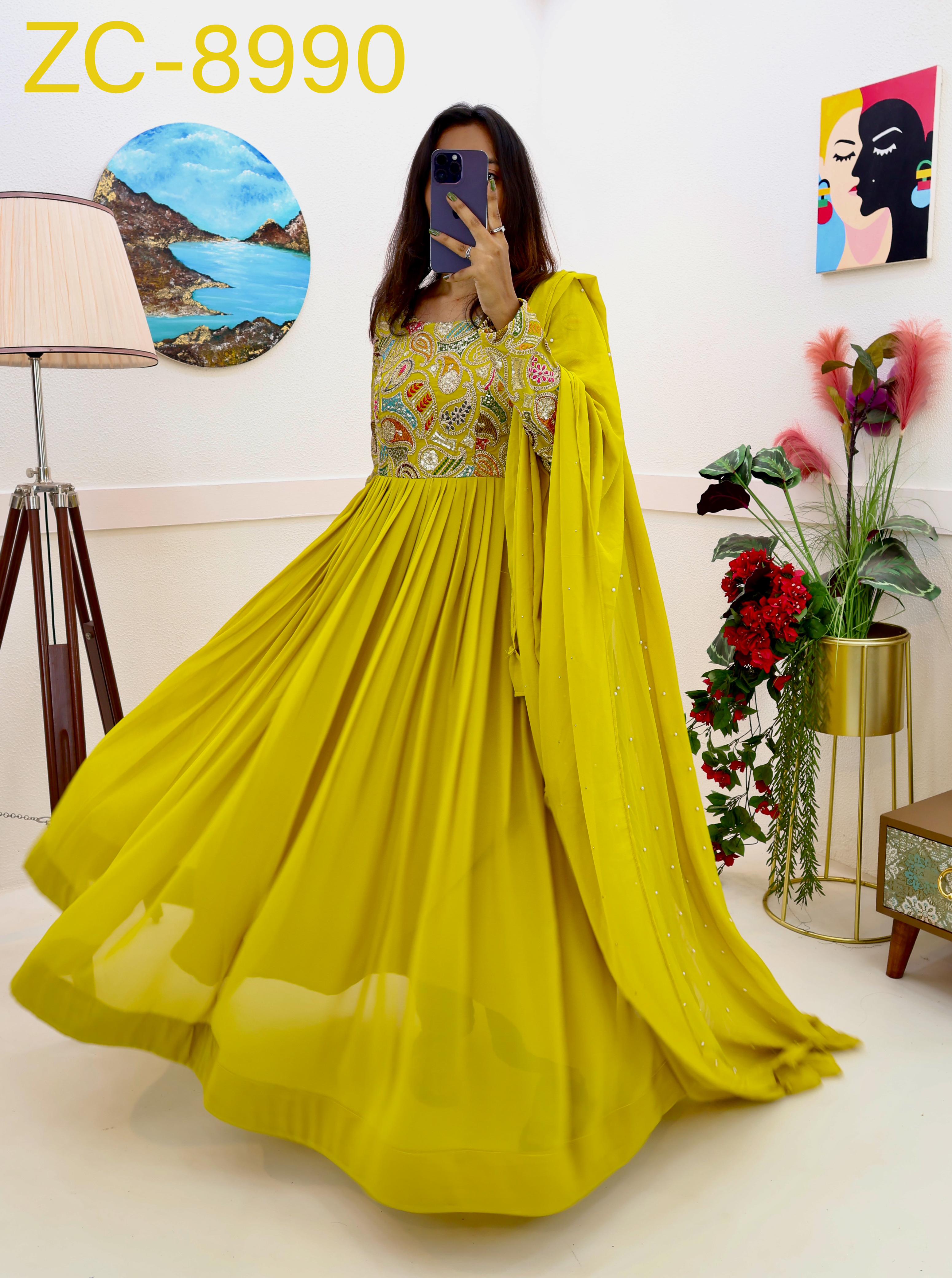 Breathtaking Faux Georgette Sequins Cording Worked Designer Gown - Ethnicwish