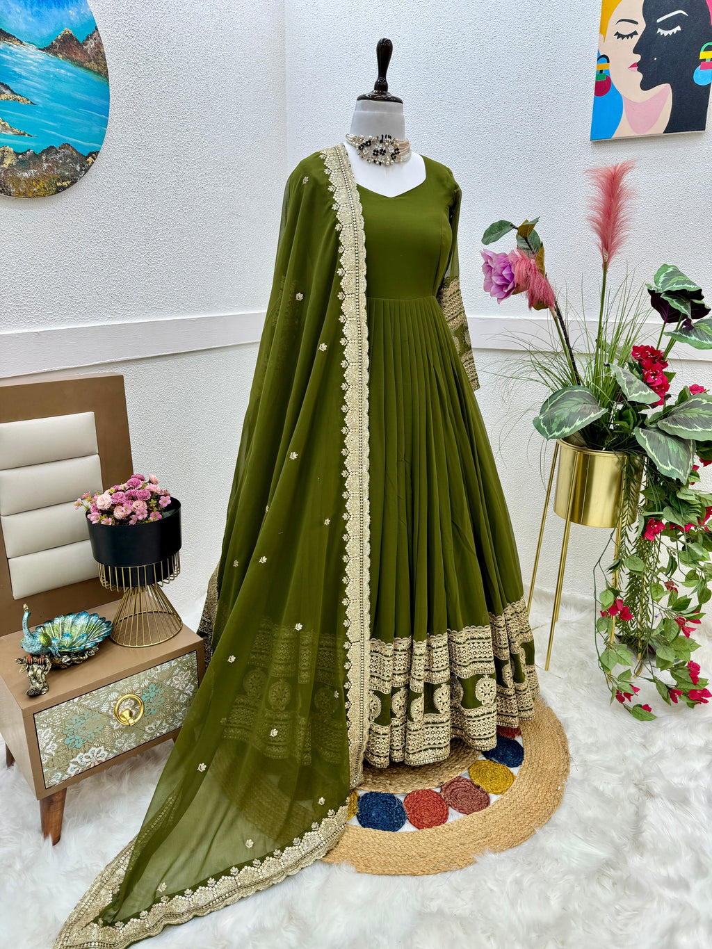 Breathtaking Faux Georgette Sequins Cording Worked Designer Gown - Ethnicwish