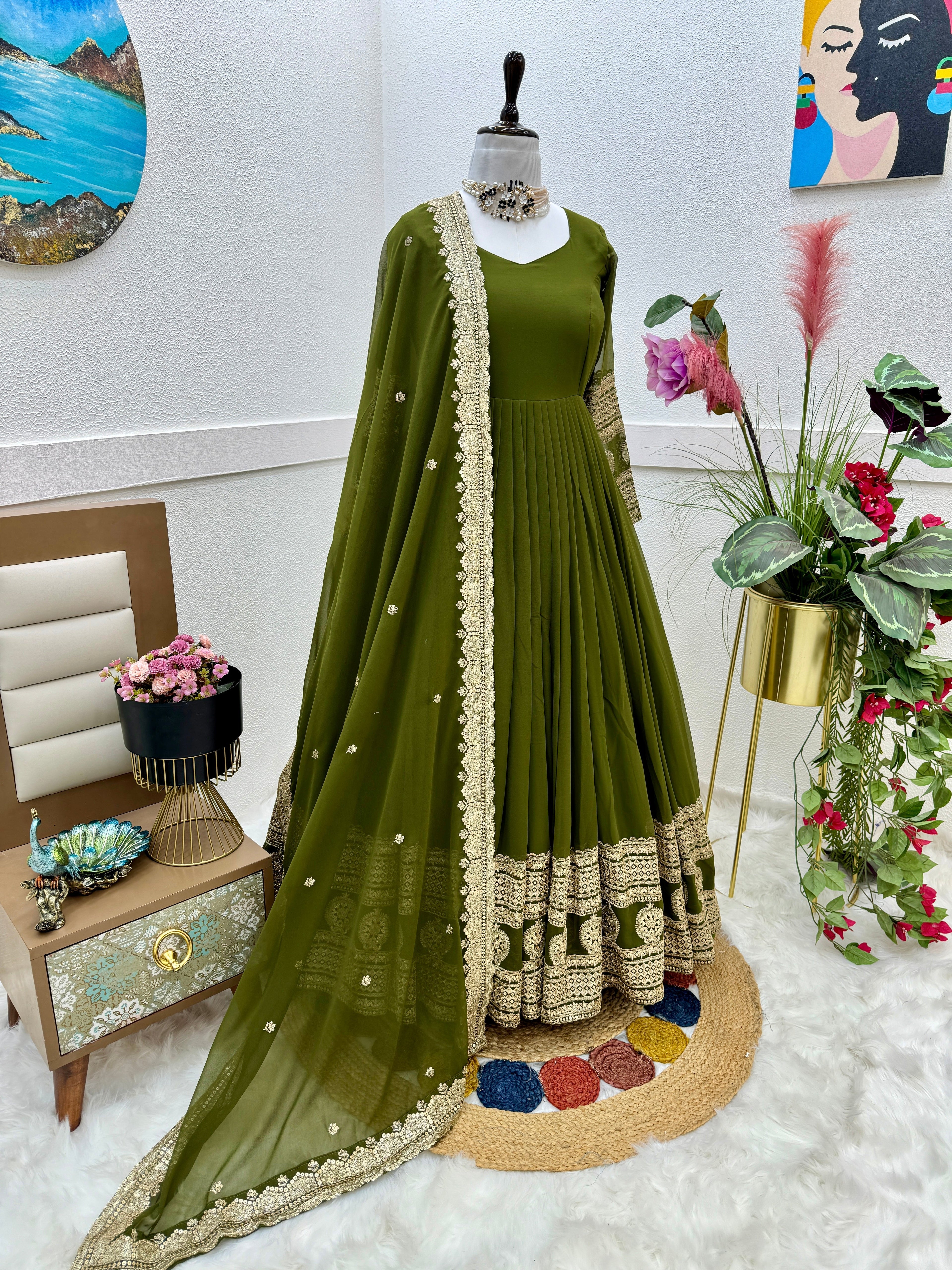 Breathtaking Faux Georgette Sequins Cording Worked Designer Gown - Ethnicwish