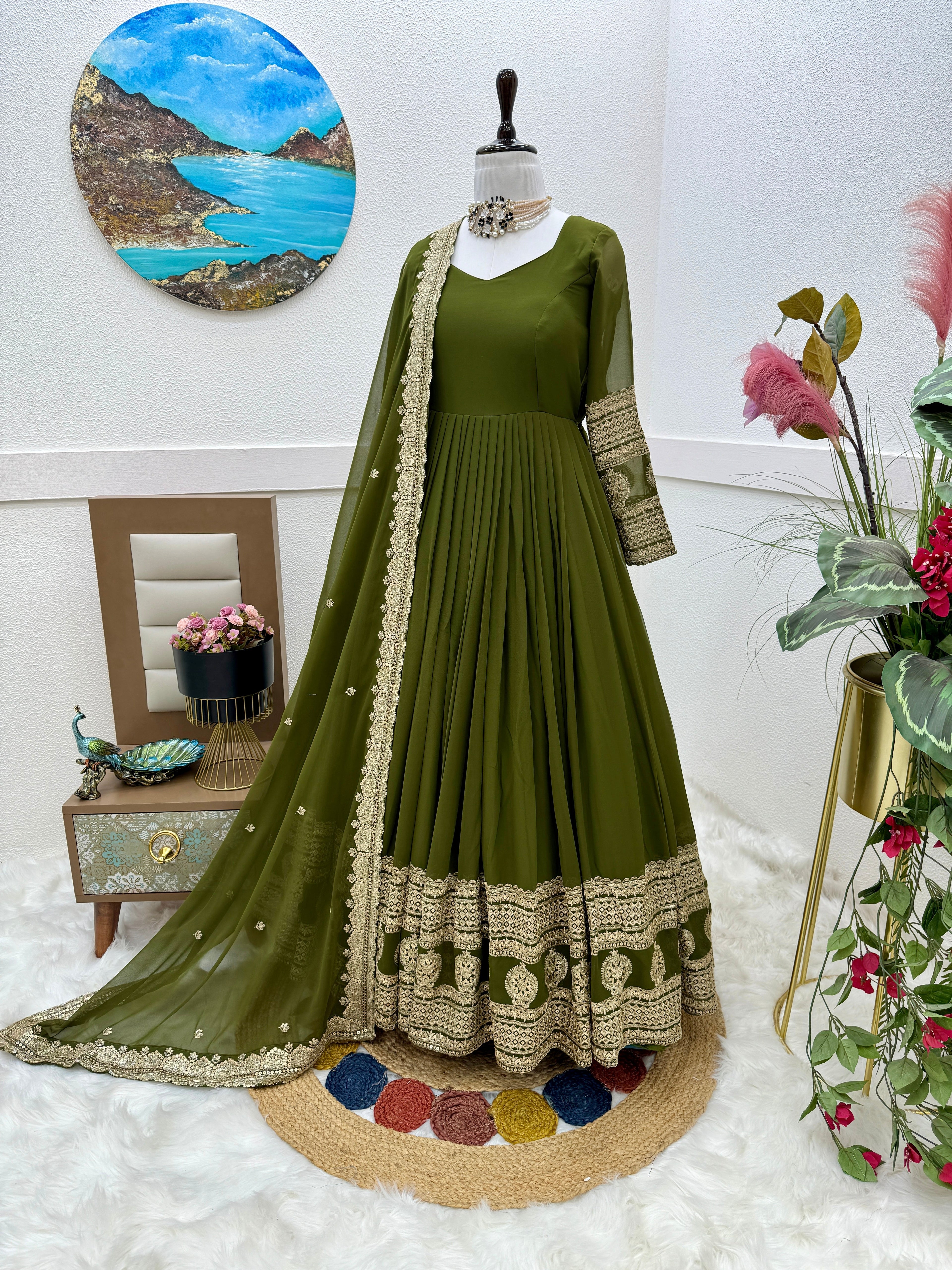 Breathtaking Faux Georgette Sequins Cording Worked Designer Gown - Ethnicwish