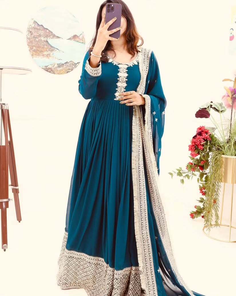 Breathtaking Faux Georgette Sequins Cording Worked Designer Gown - Ethnicwish