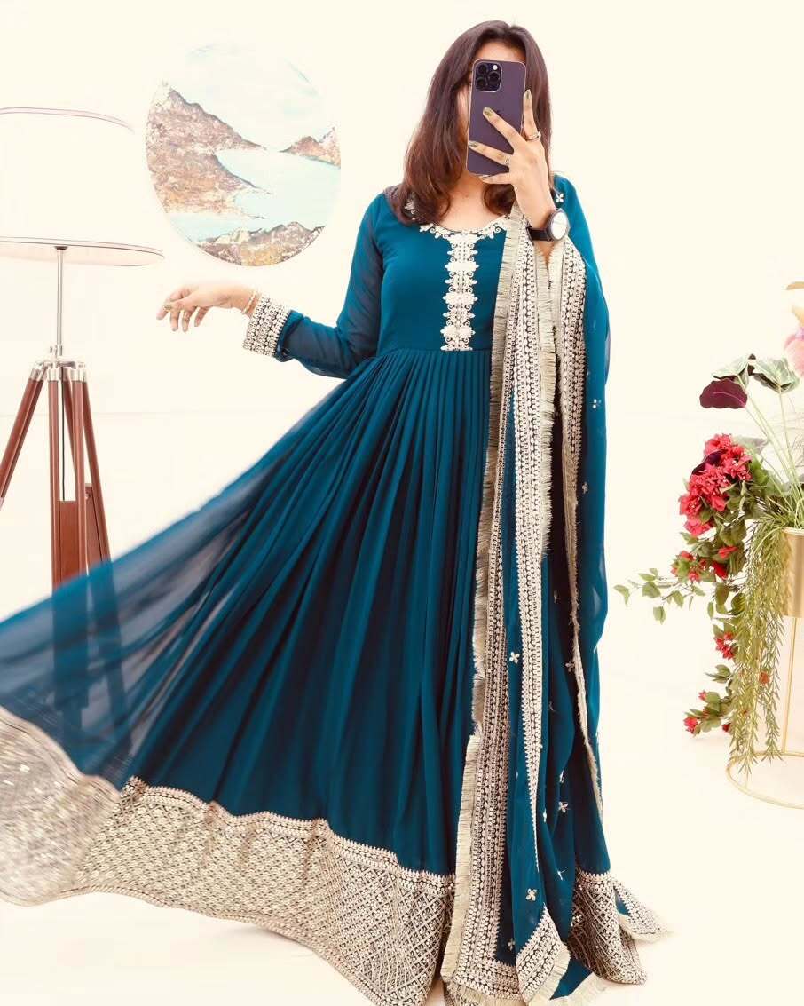 Breathtaking Faux Georgette Sequins Cording Worked Designer Gown - Ethnicwish