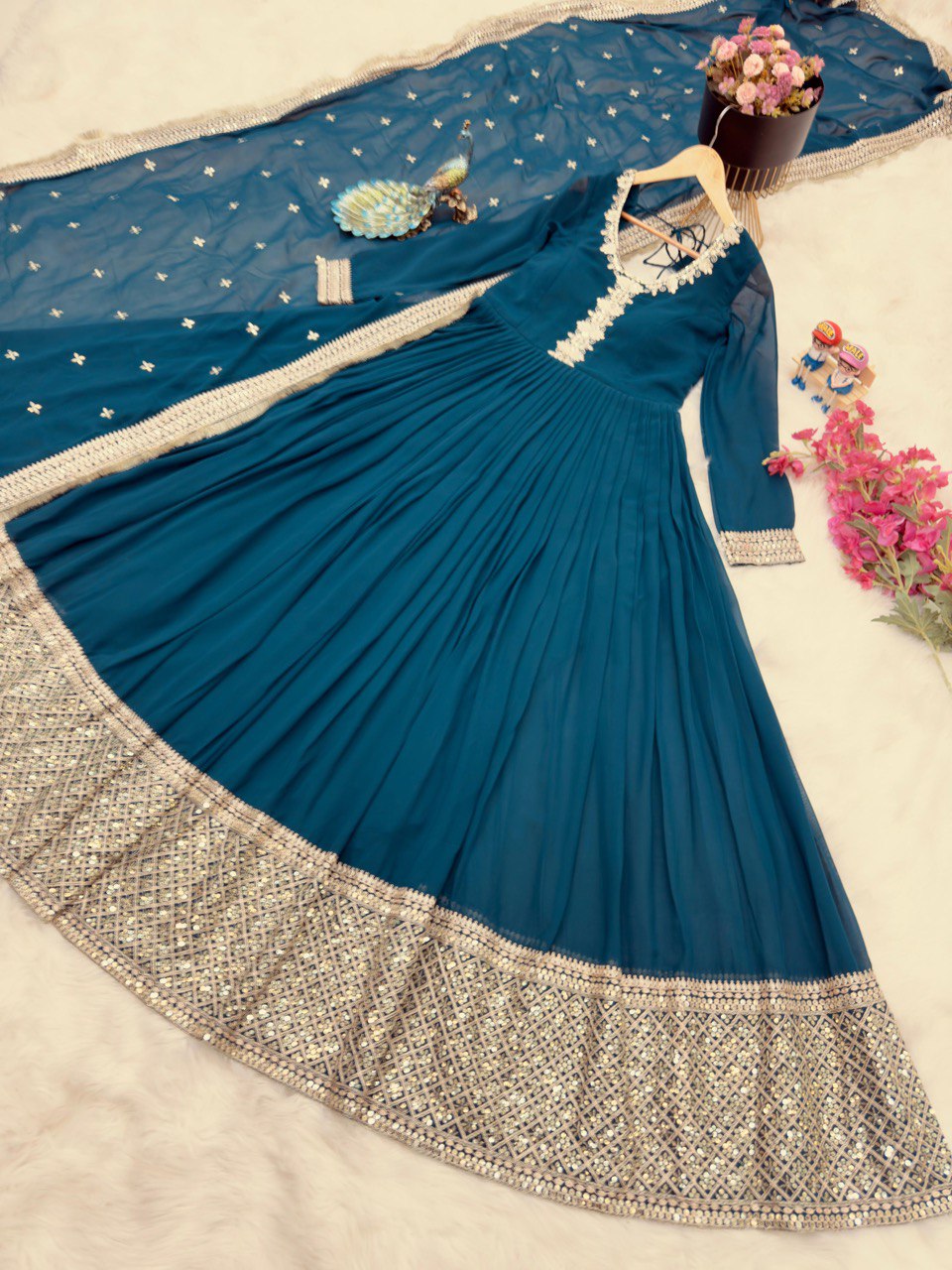 Breathtaking Faux Georgette Sequins Cording Worked Designer Gown - Ethnicwish