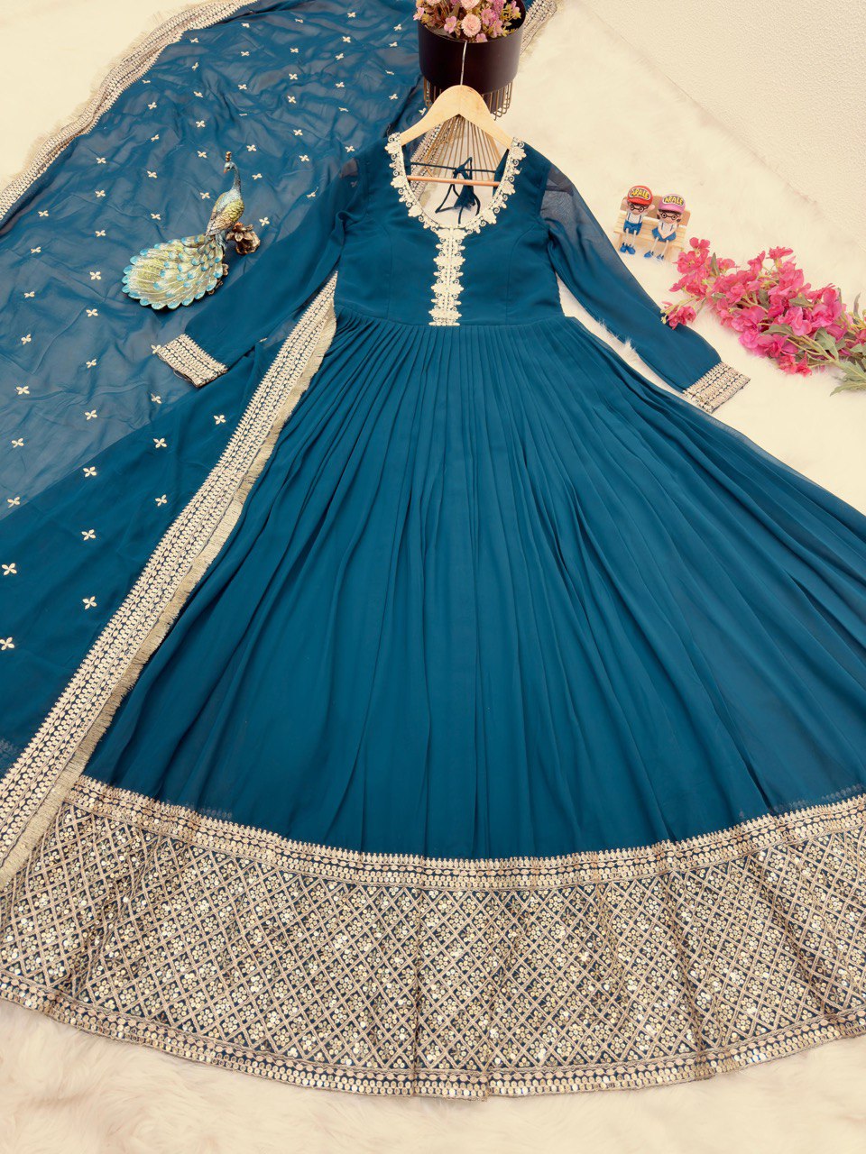 Breathtaking Faux Georgette Sequins Cording Worked Designer Gown - Ethnicwish