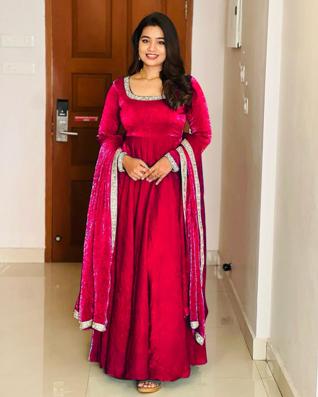 Gorgeous Fendi Silk Sequins Embroidered Fully Stitched Anarkali With Dupatta - ETHNICDEAL