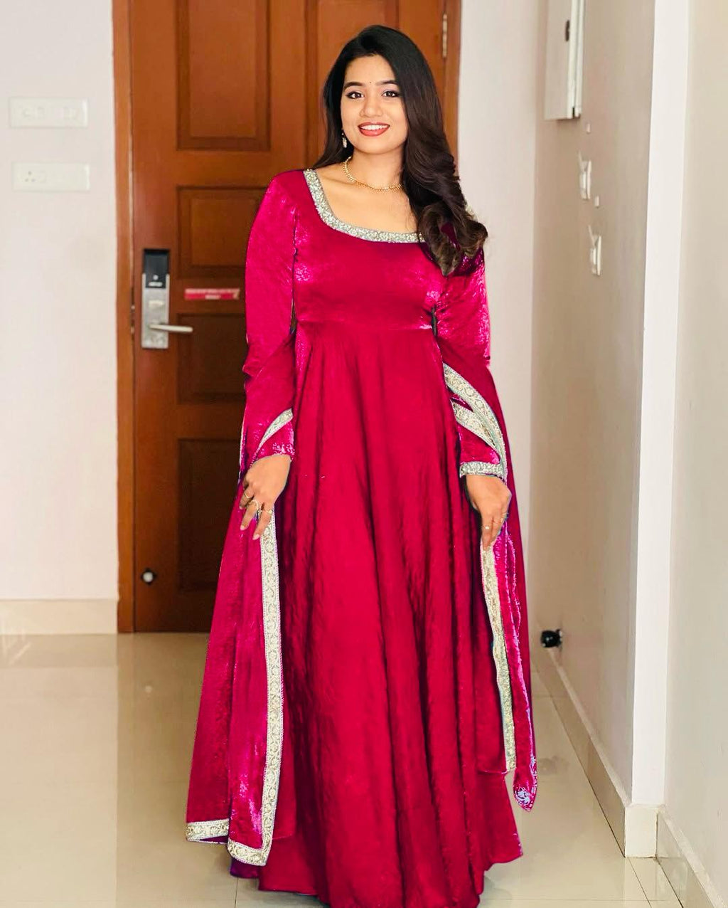 Gorgeous Fendi Silk Sequins Embroidered Fully Stitched Anarkali With Dupatta - ETHNICDEAL