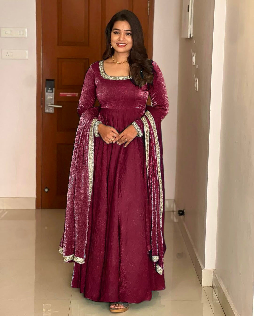 Gorgeous Fendi Silk Sequins Embroidered Fully Stitched Anarkali With Dupatta - ETHNICDEAL