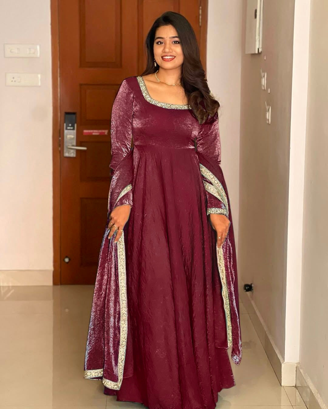 Gorgeous Fendi Silk Sequins Embroidered Fully Stitched Anarkali With Dupatta - ETHNICDEAL