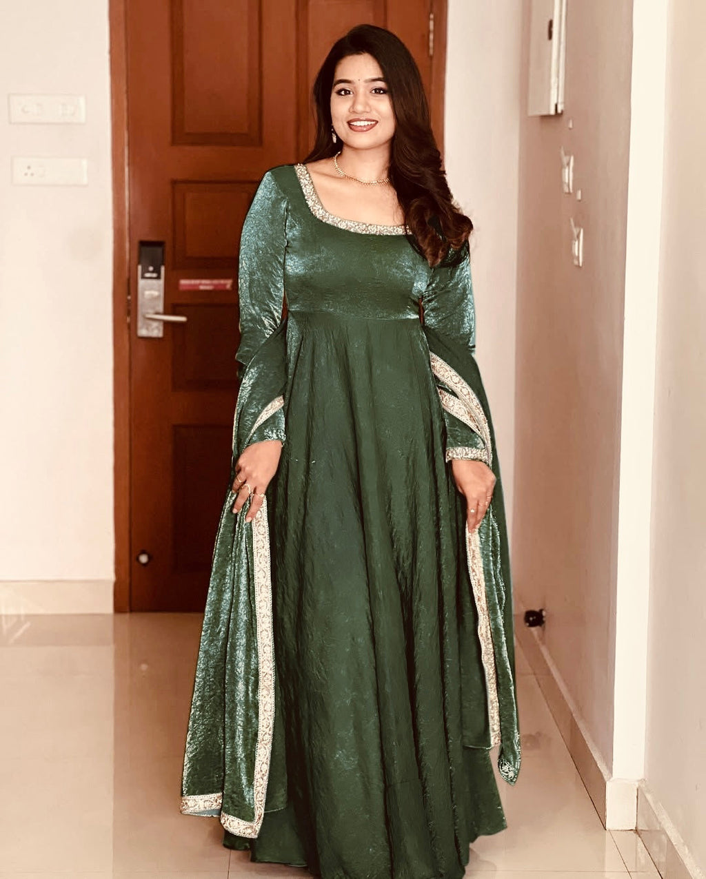 Gorgeous Fendi Silk Sequins Embroidered Fully Stitched Anarkali With Dupatta - ETHNICDEAL