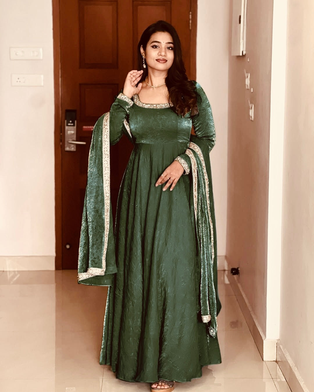 Gorgeous Fendi Silk Sequins Embroidered Fully Stitched Anarkali With Dupatta - ETHNICDEAL