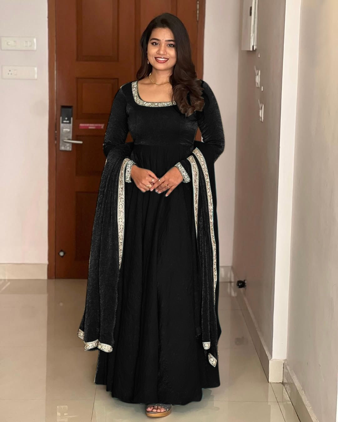 Gorgeous Fendi Silk Sequins Embroidered Fully Stitched Anarkali With Dupatta - ETHNICDEAL