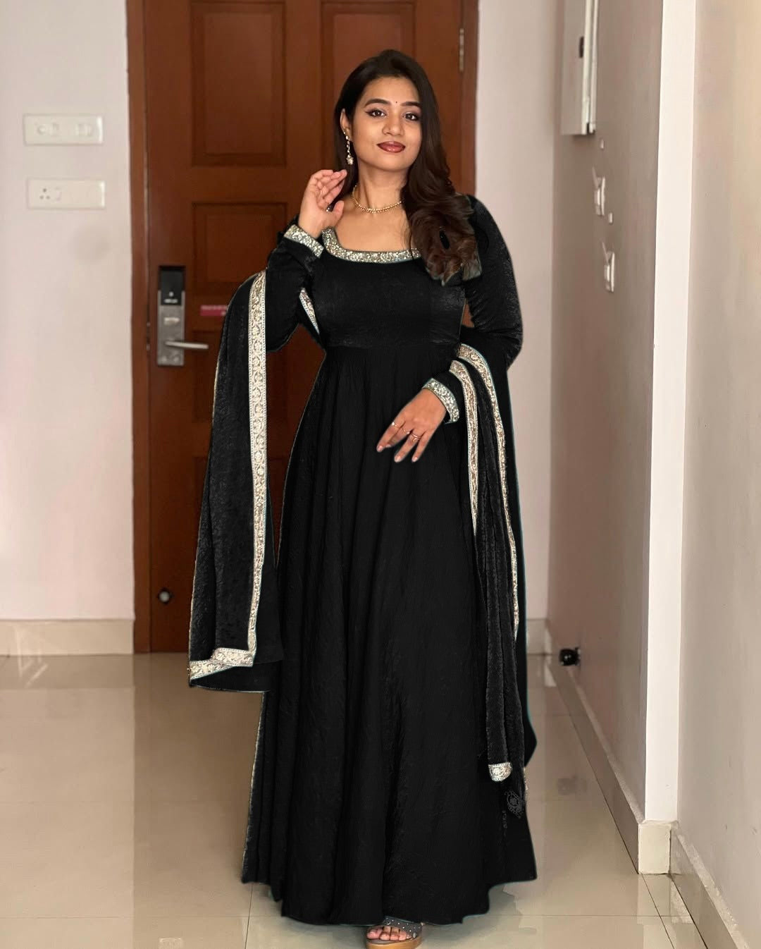 Gorgeous Fendi Silk Sequins Embroidered Fully Stitched Anarkali With Dupatta - ETHNICDEAL