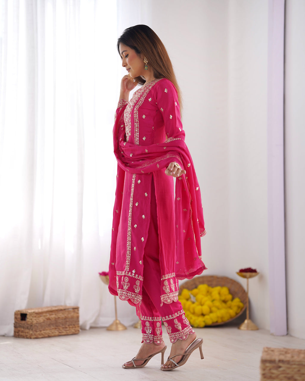 Spectacular Pink Chinon Silk Sequins Embroidered Straight Suit - ETHNICDEAL