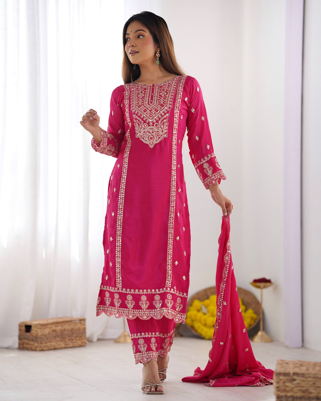 Spectacular Pink Chinon Silk Sequins Embroidered Straight Suit - ETHNICDEAL