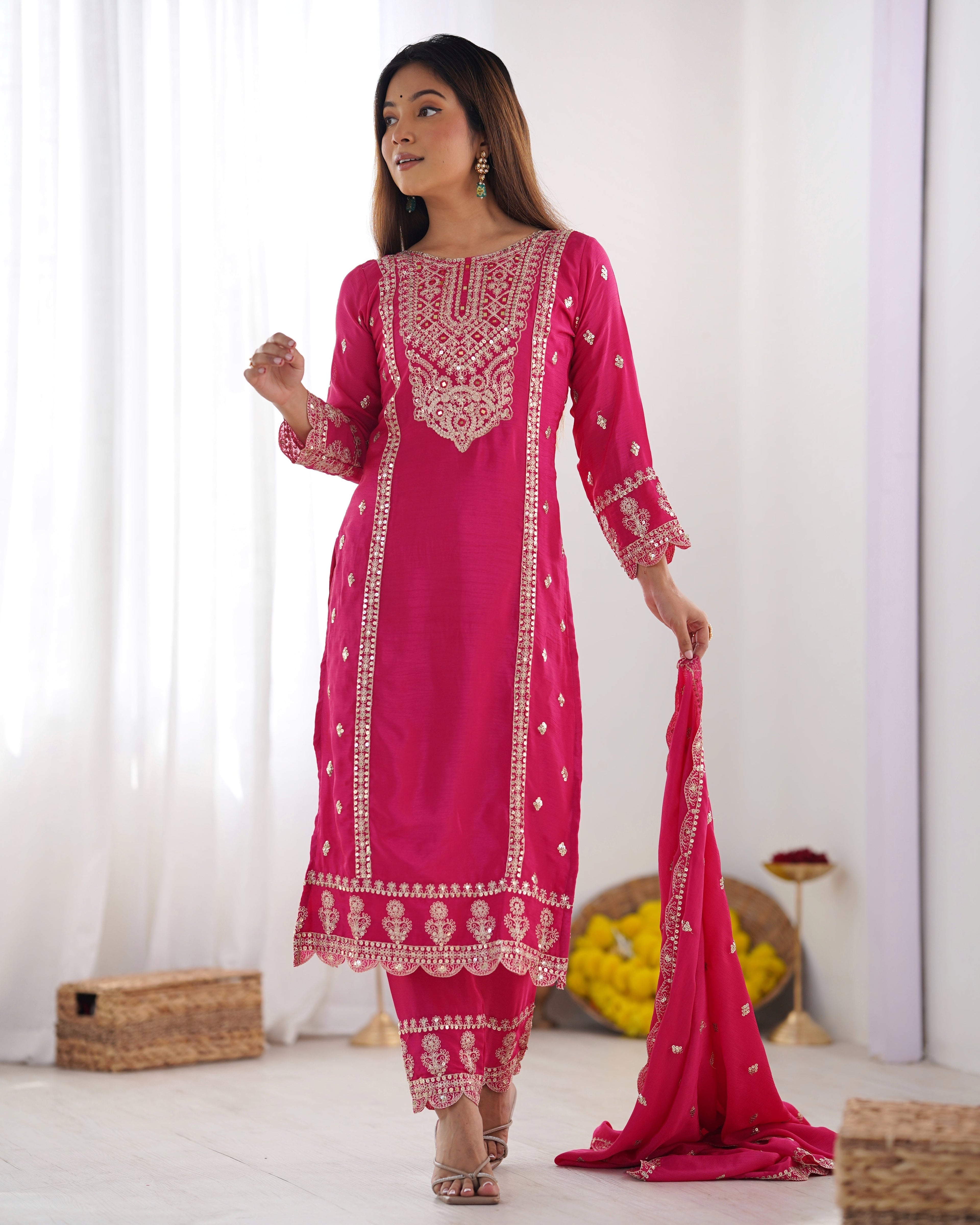 Spectacular Pink Chinon Silk Sequins Embroidered Straight Suit - ETHNICDEAL