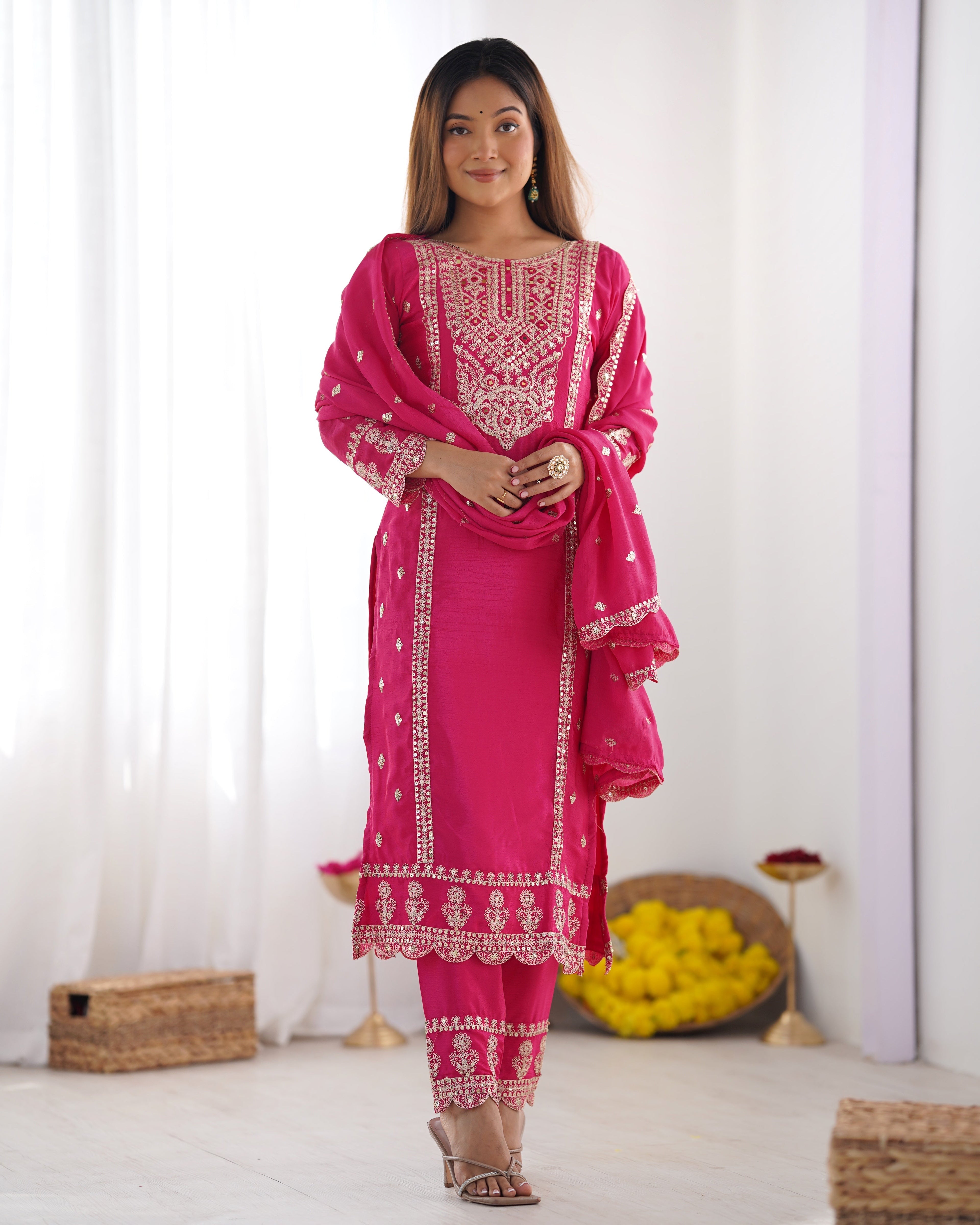 Spectacular Pink Chinon Silk Sequins Embroidered Straight Suit - ETHNICDEAL