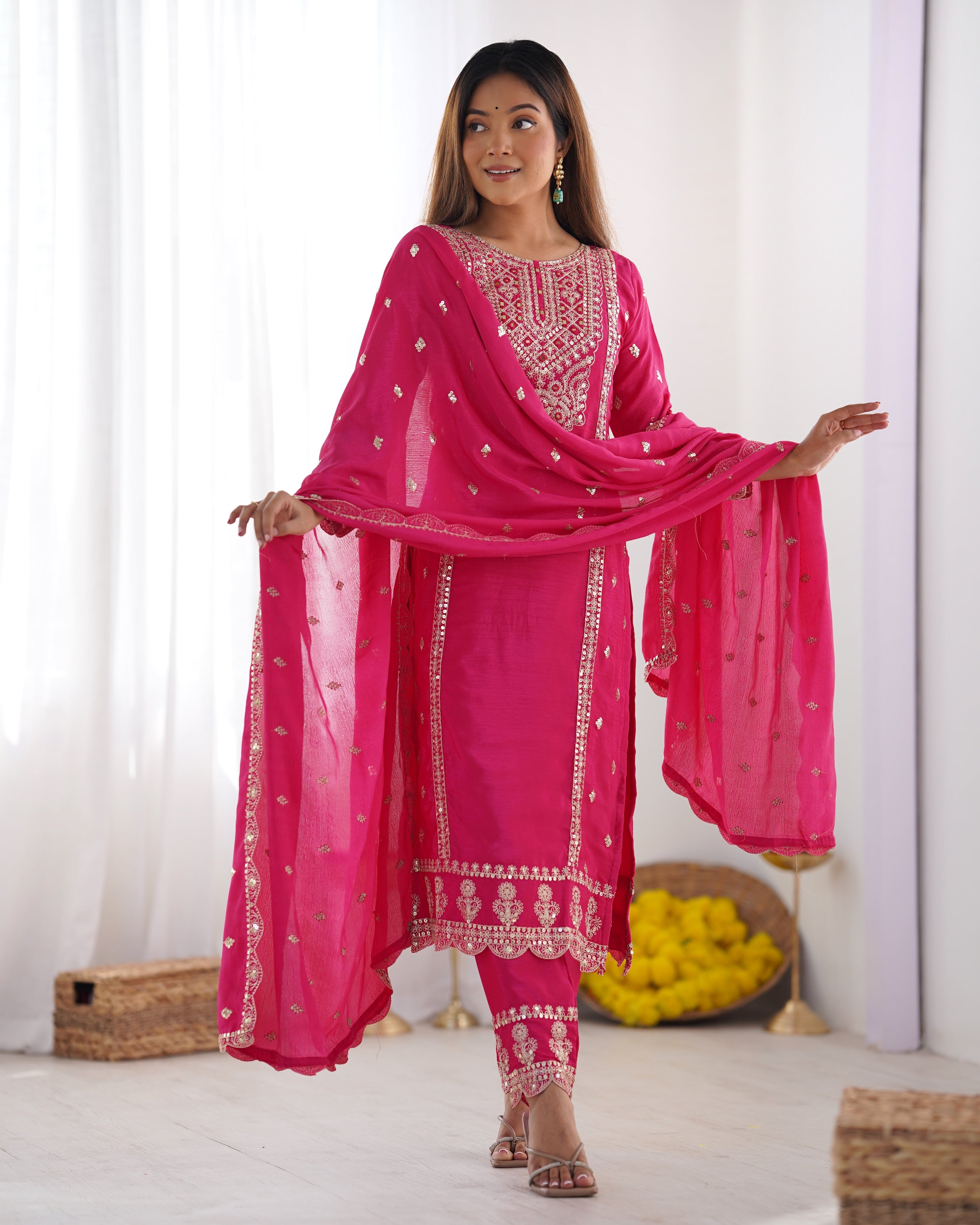 Spectacular Pink Chinon Silk Sequins Embroidered Straight Suit - ETHNICDEAL