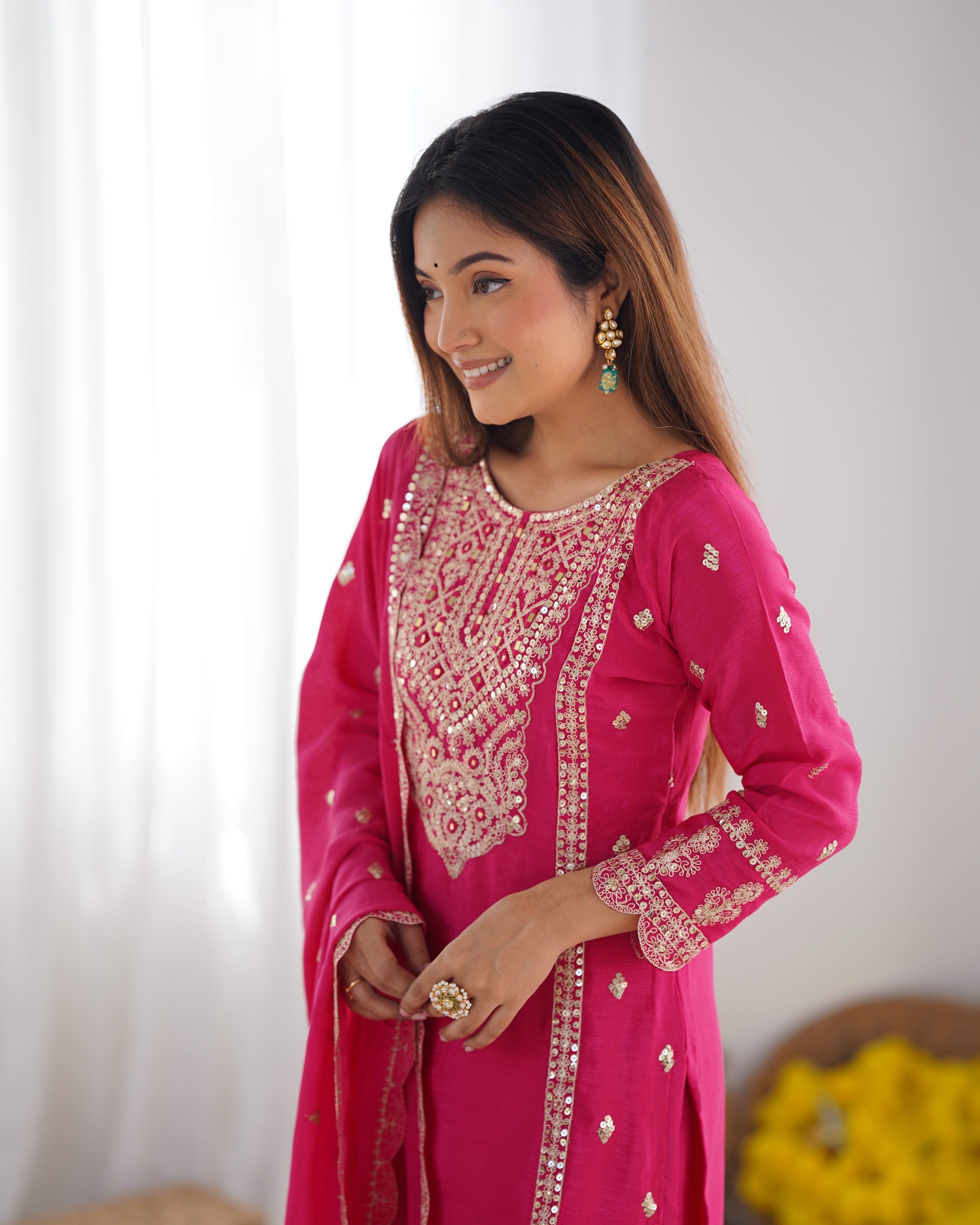 Spectacular Pink Chinon Silk Sequins Embroidered Straight Suit - ETHNICDEAL