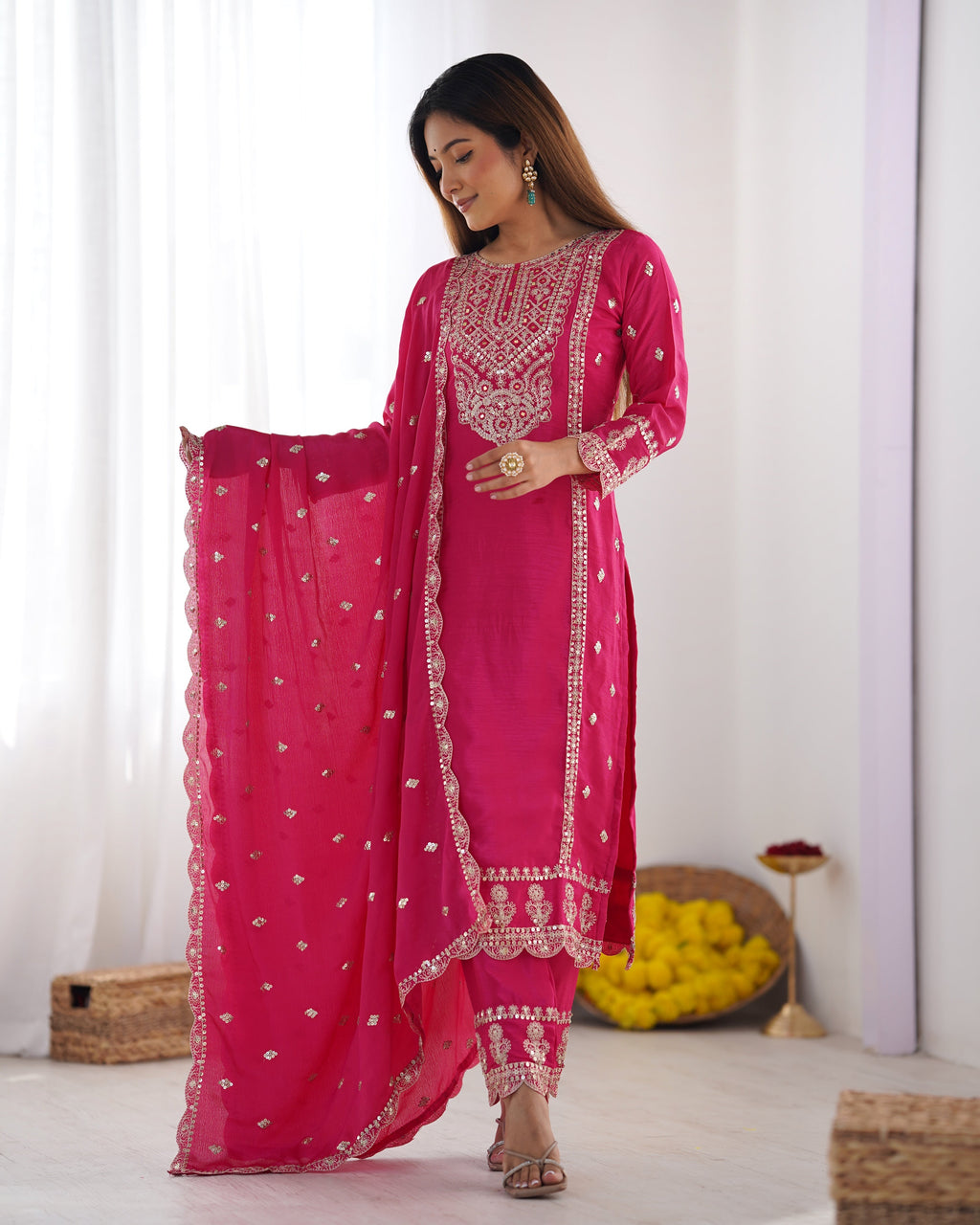Spectacular Pink Chinon Silk Sequins Embroidered Straight Suit - ETHNICDEAL