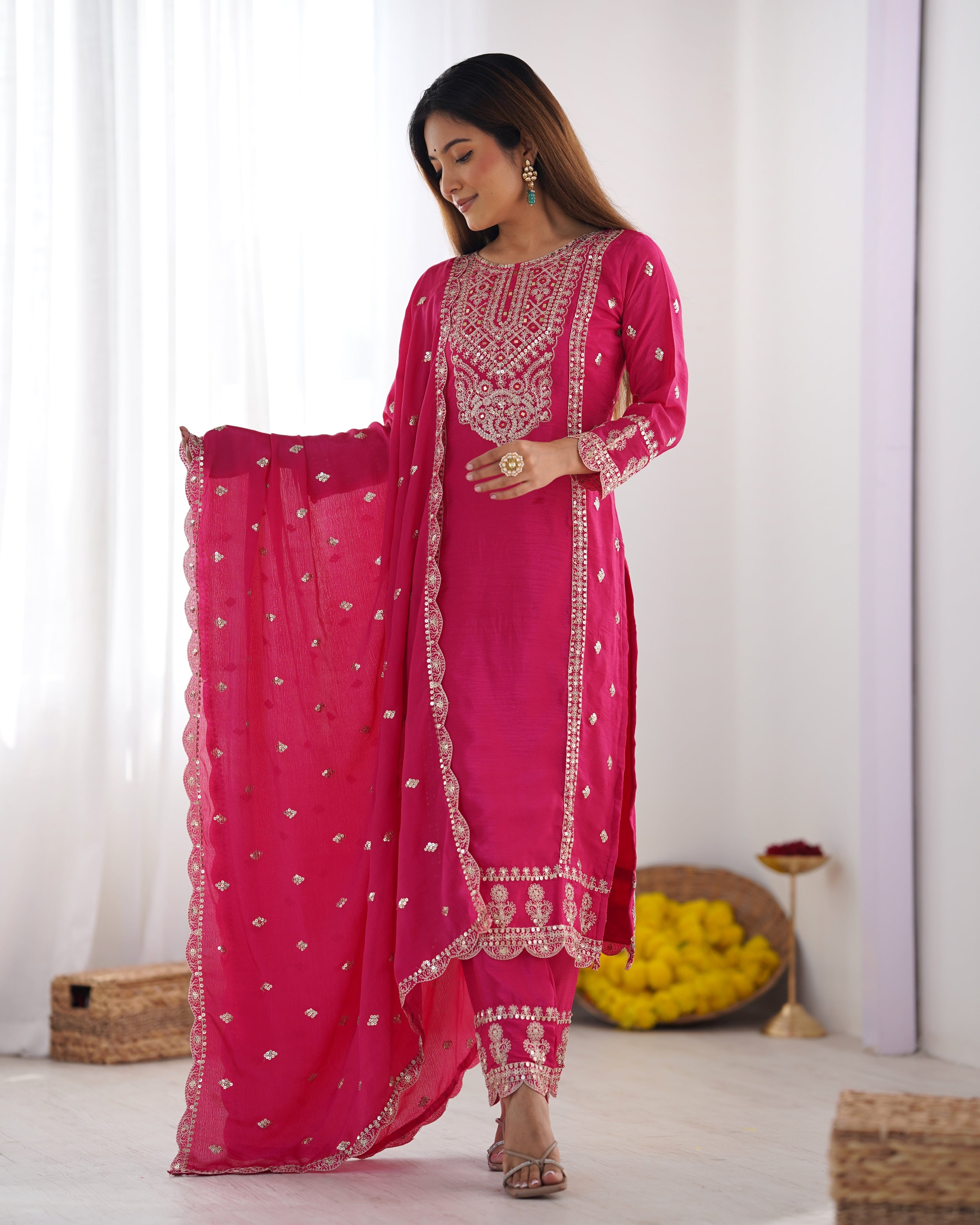 Spectacular Pink Chinon Silk Sequins Embroidered Straight Suit - ETHNICDEAL