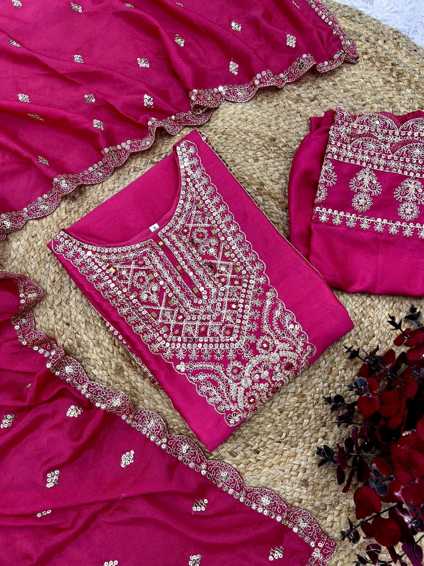 Spectacular Pink Chinon Silk Sequins Embroidered Straight Suit - ETHNICDEAL