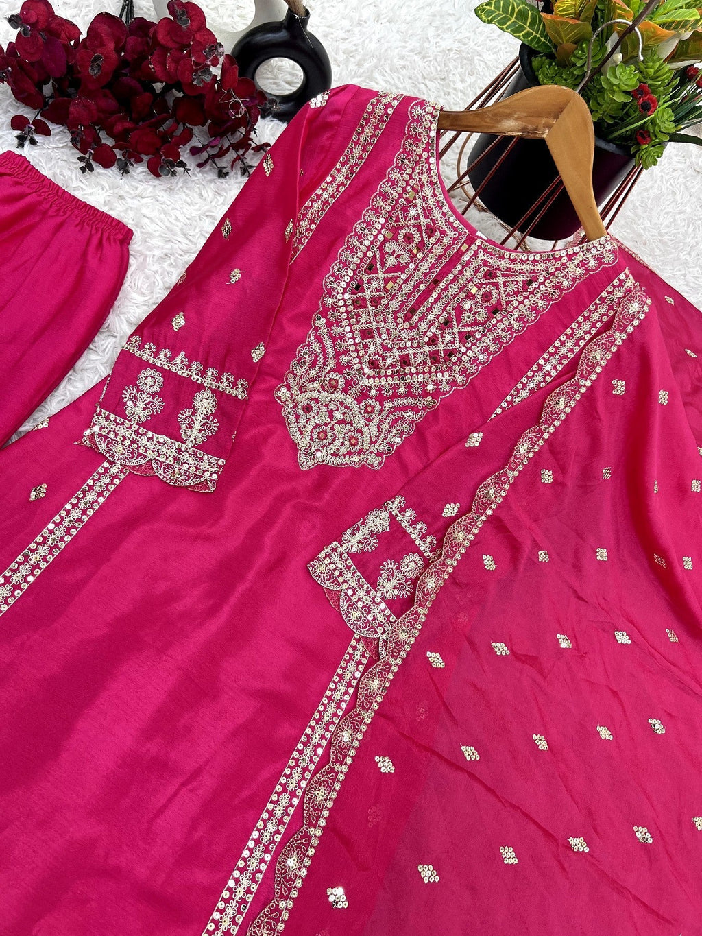Spectacular Pink Chinon Silk Sequins Embroidered Straight Suit - ETHNICDEAL