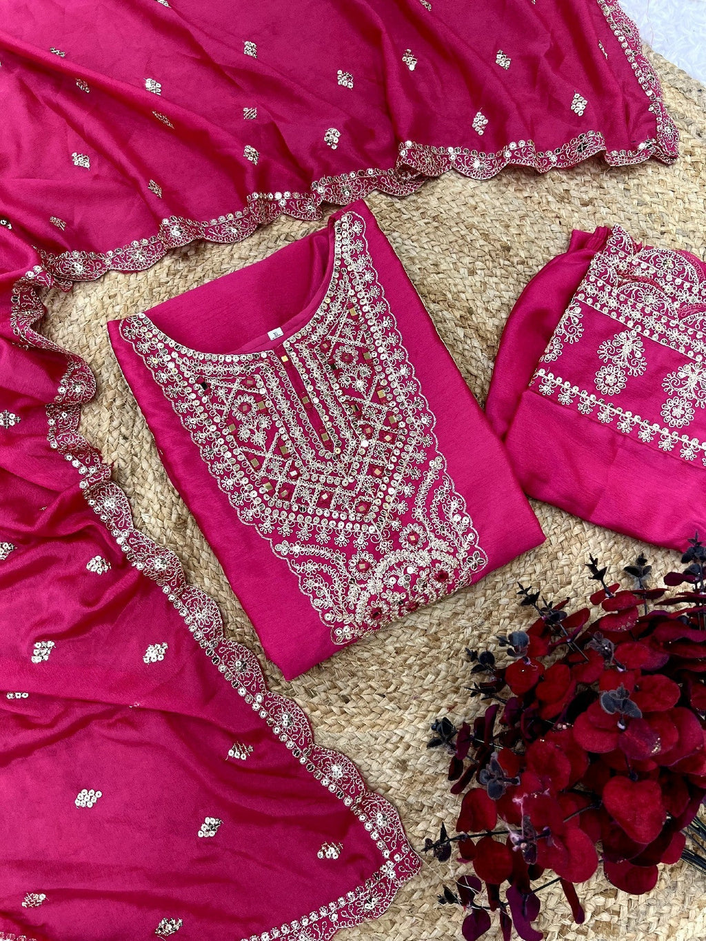 Spectacular Pink Chinon Silk Sequins Embroidered Straight Suit - ETHNICDEAL