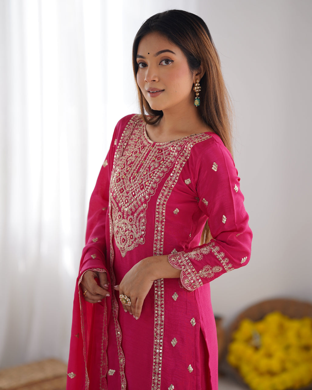 Spectacular Pink Chinon Silk Sequins Embroidered Straight Suit - ETHNICDEAL