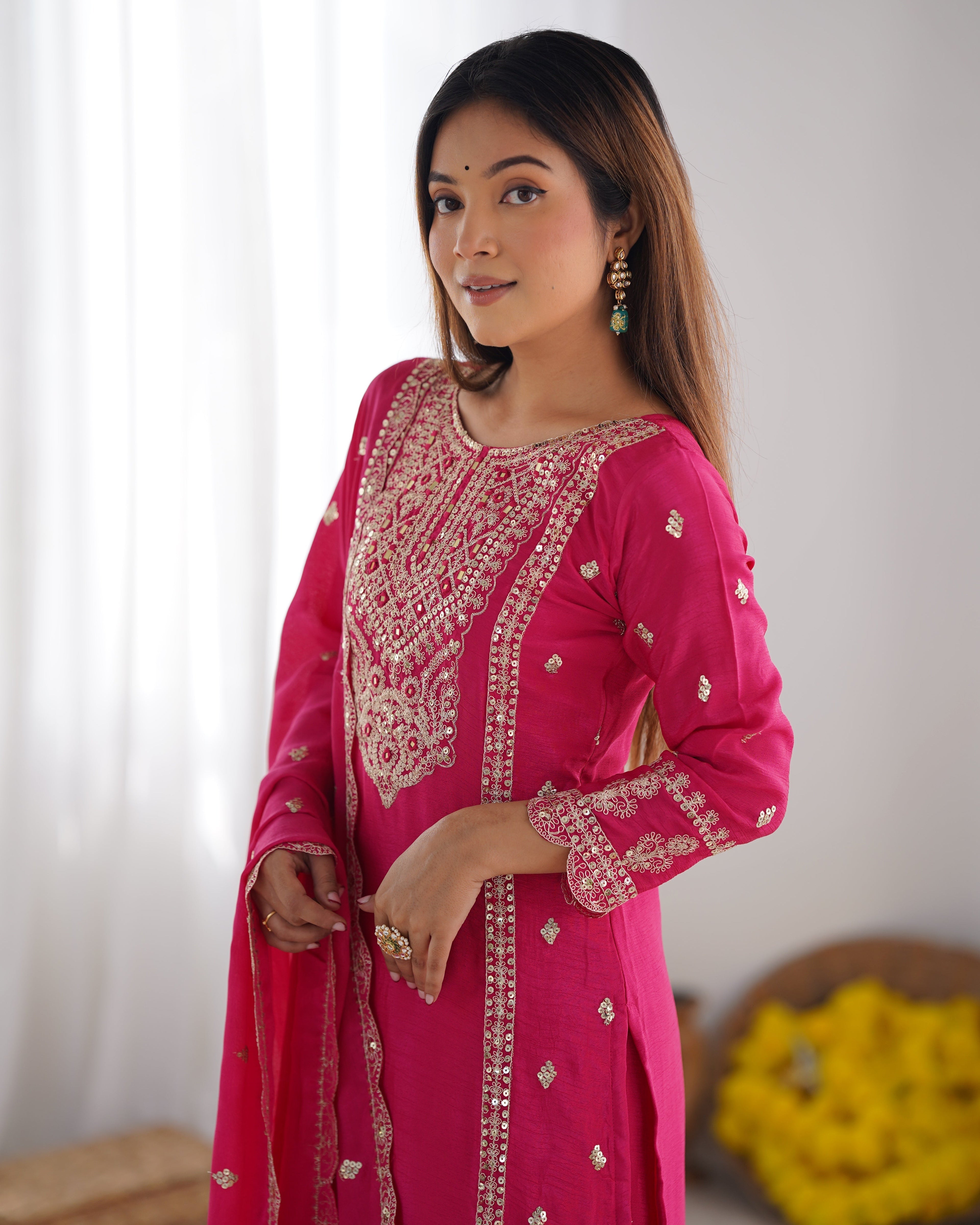 Spectacular Pink Chinon Silk Sequins Embroidered Straight Suit - ETHNICDEAL