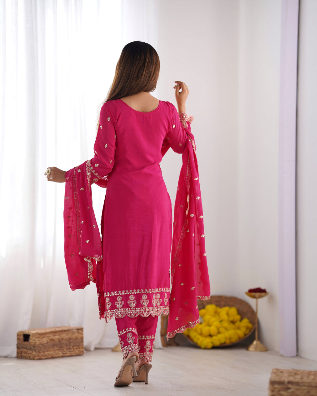 Spectacular Pink Chinon Silk Sequins Embroidered Straight Suit - ETHNICDEAL