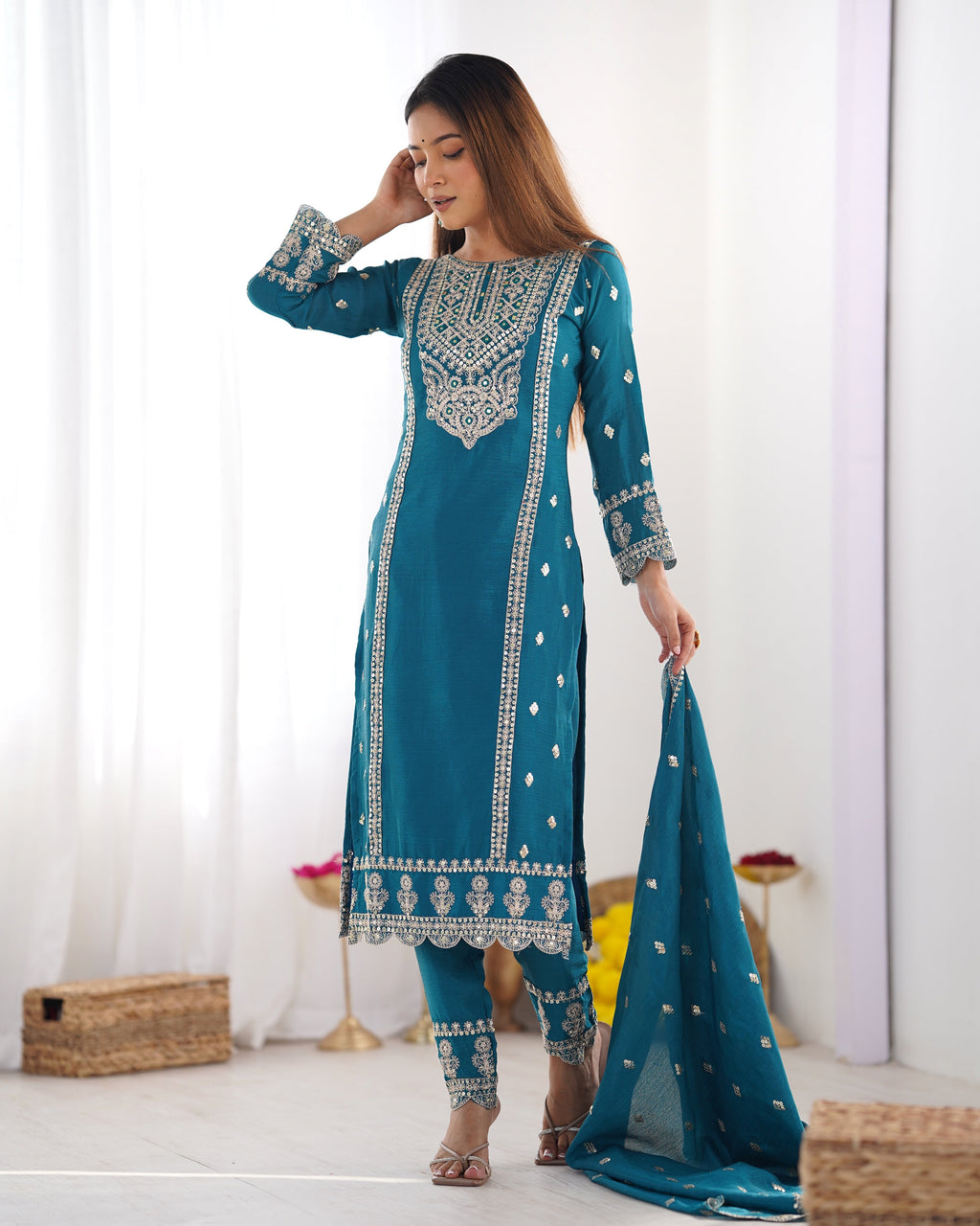 Enamoring Teal Blue Chinon Silk Sequins Embroidered Straight Suit - ETHNICDEAL