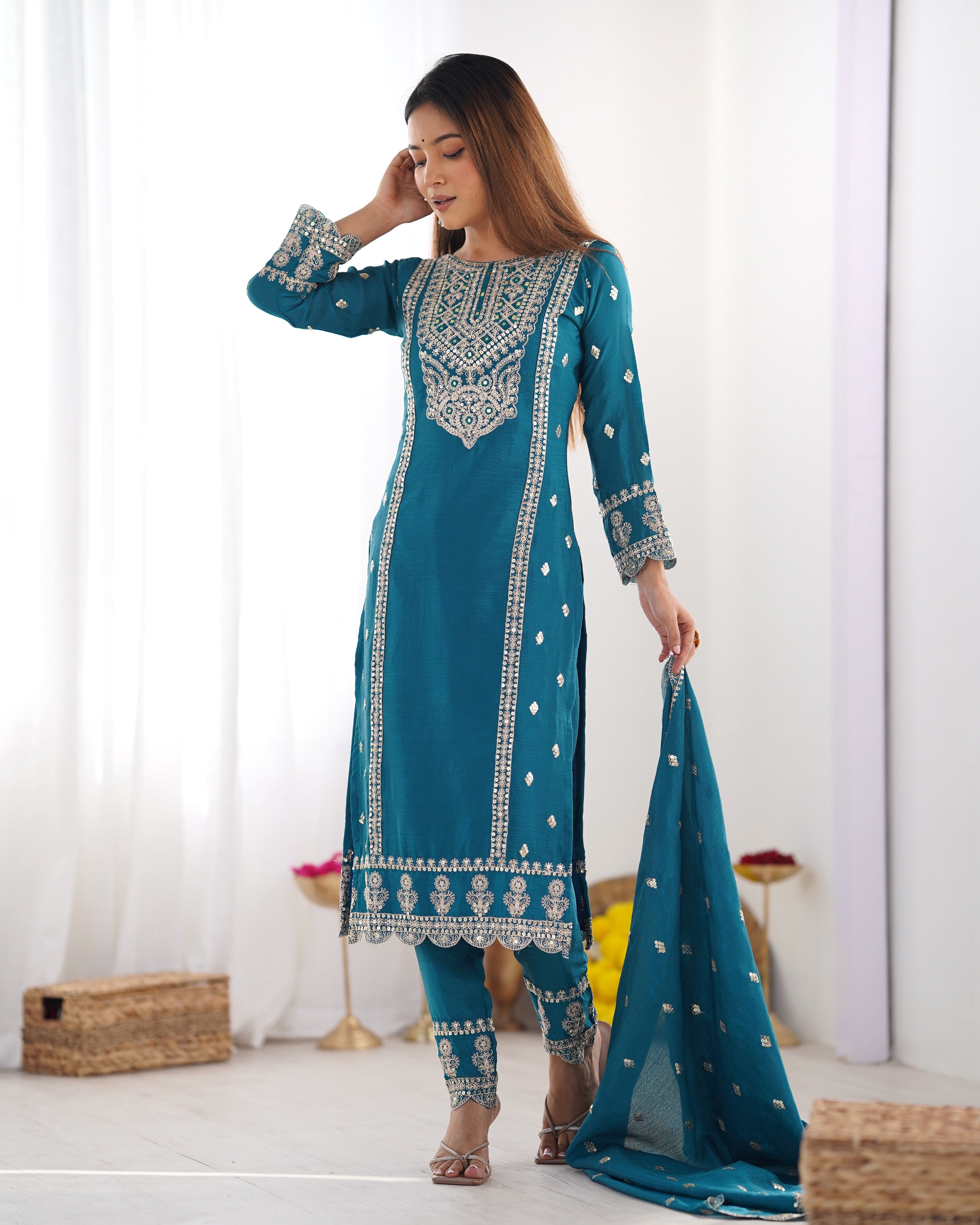 Enamoring Teal Blue Chinon Silk Sequins Embroidered Straight Suit - ETHNICDEAL