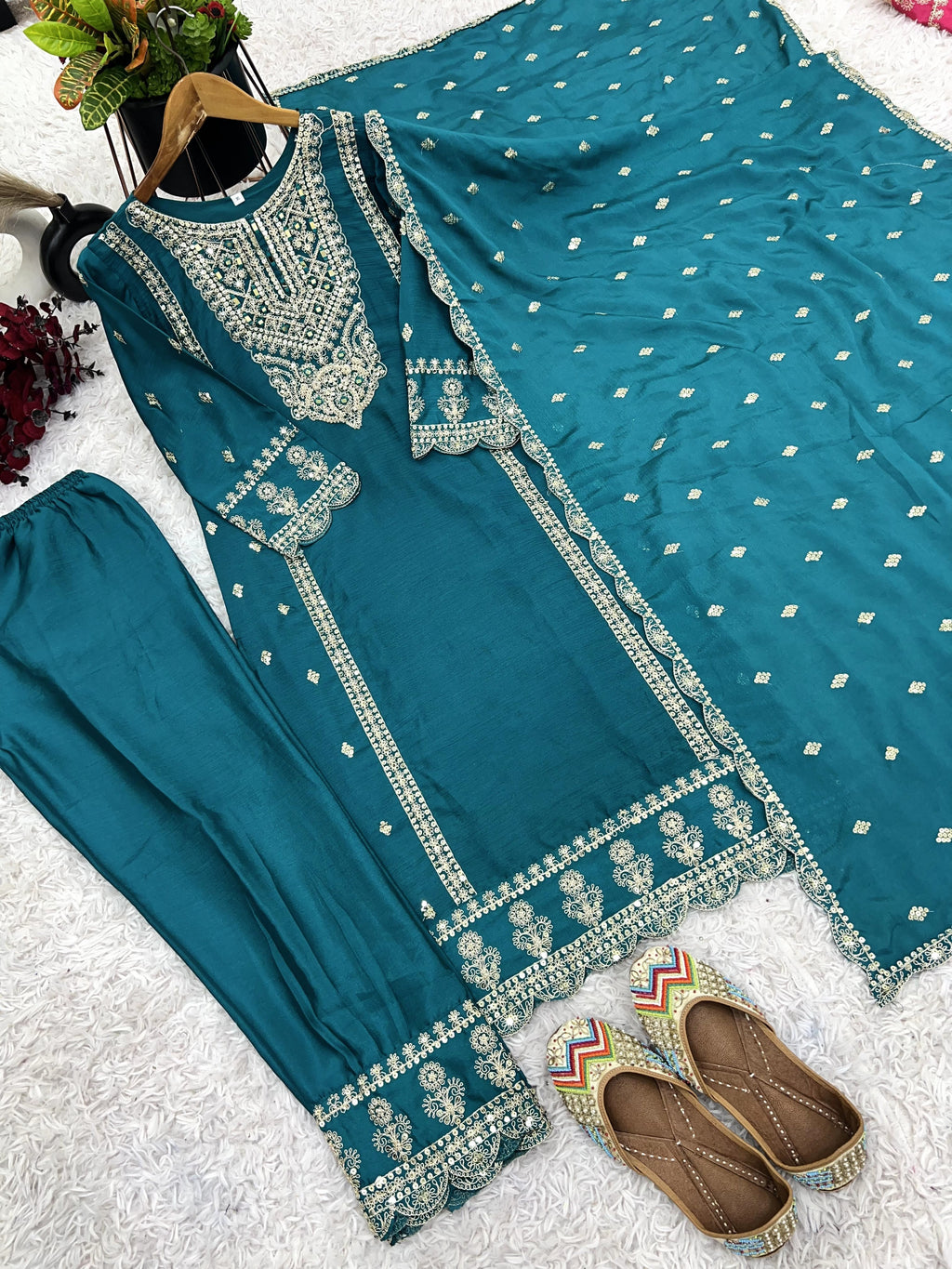 Enamoring Teal Blue Chinon Silk Sequins Embroidered Straight Suit - ETHNICDEAL