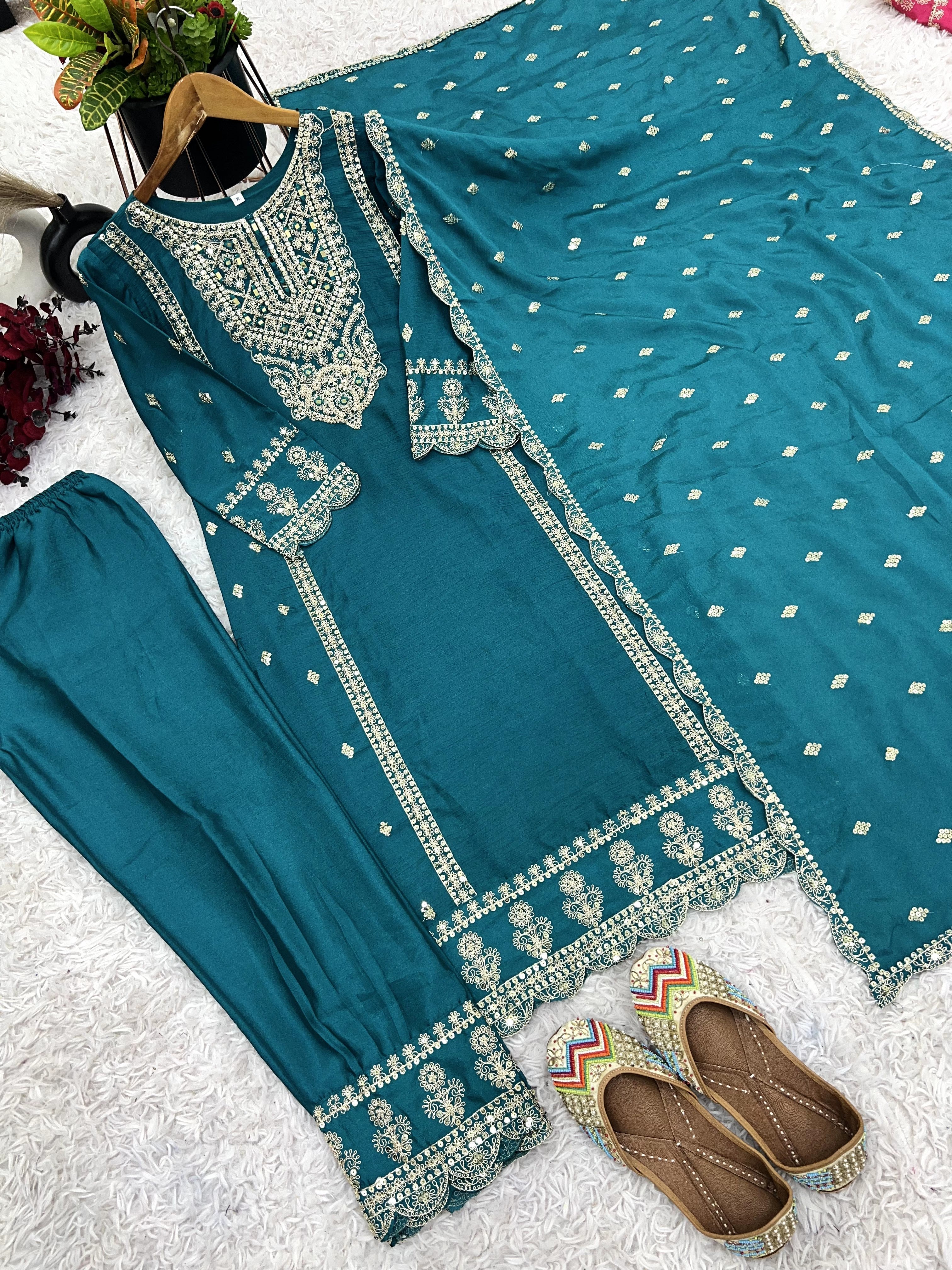 Enamoring Teal Blue Chinon Silk Sequins Embroidered Straight Suit - ETHNICDEAL