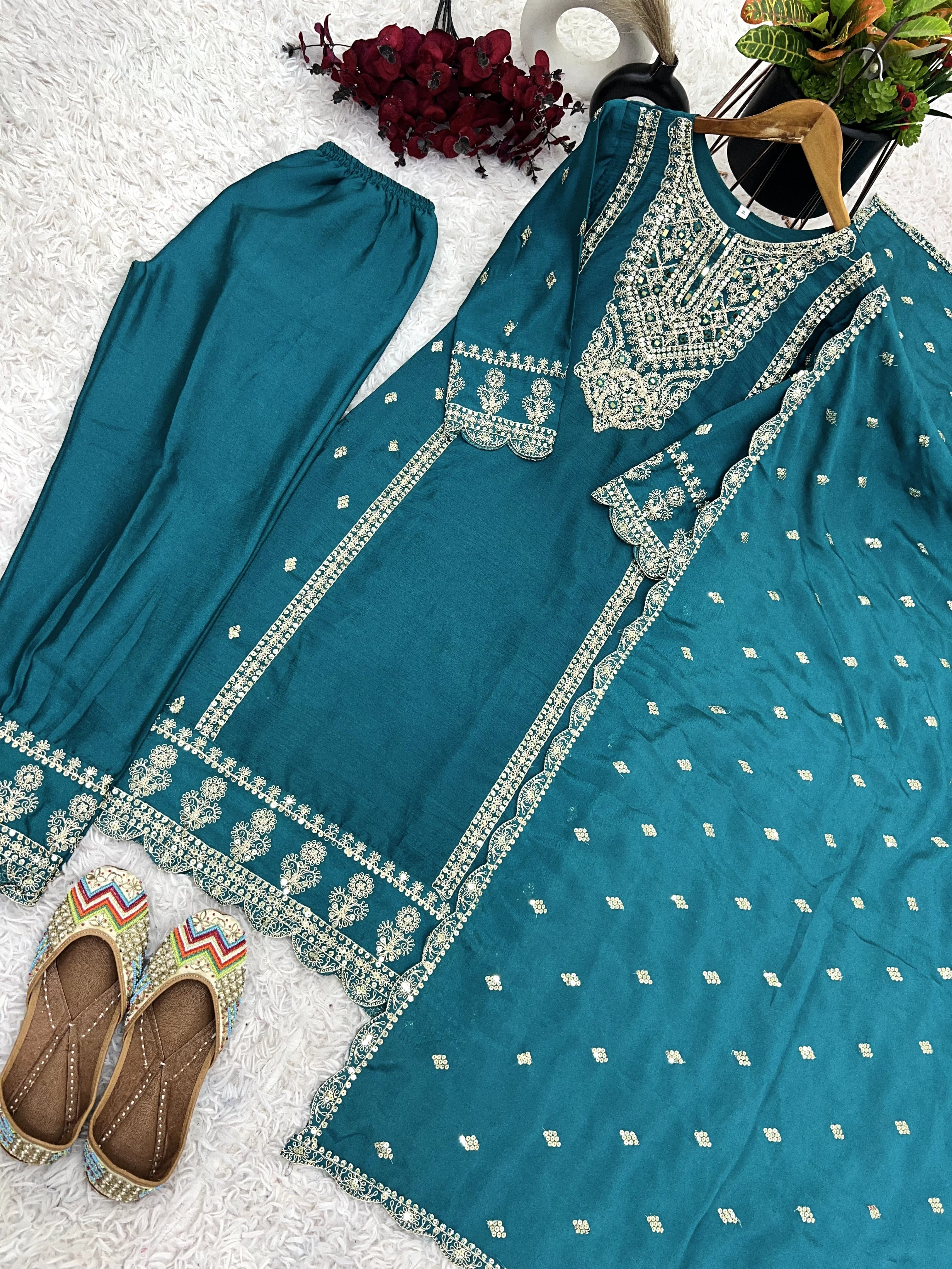 Enamoring Teal Blue Chinon Silk Sequins Embroidered Straight Suit - ETHNICDEAL