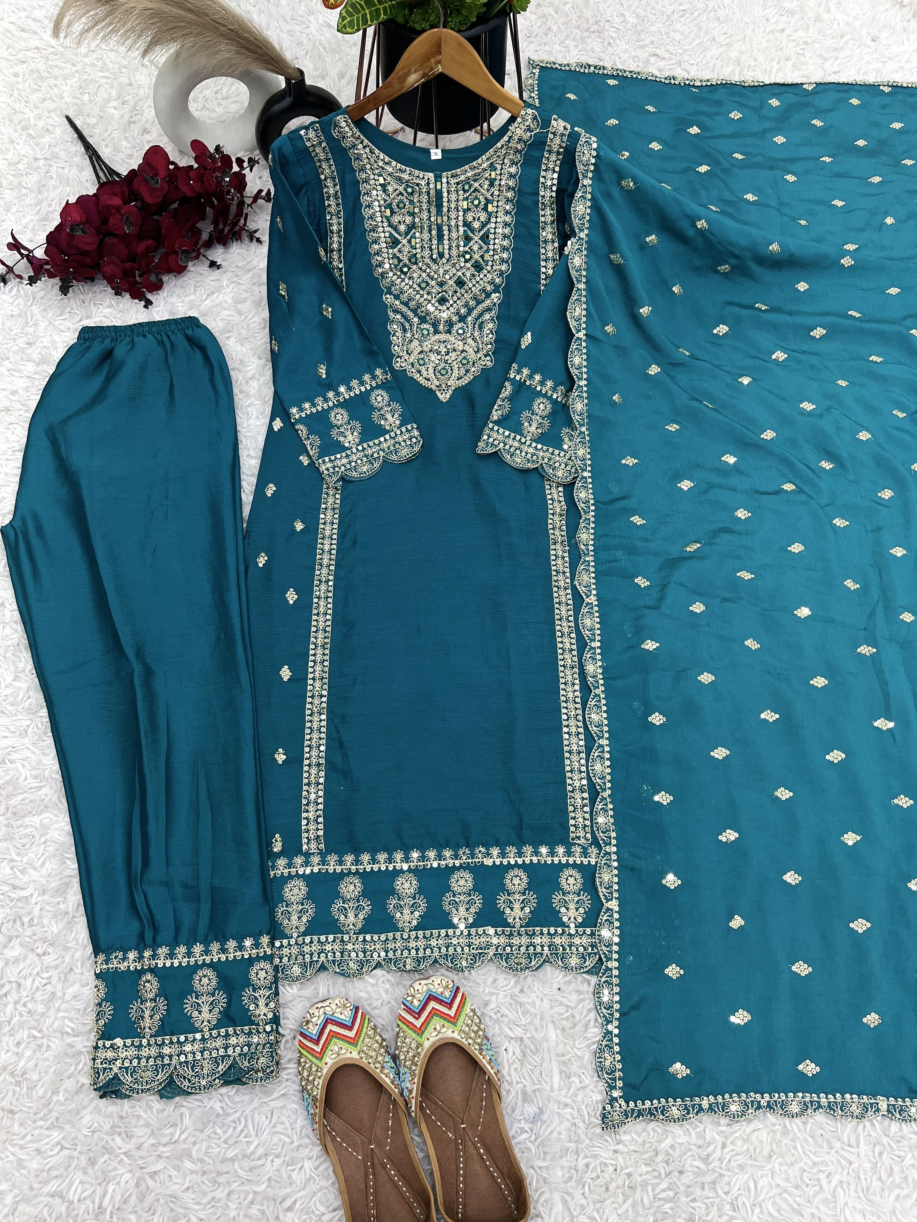 Enamoring Teal Blue Chinon Silk Sequins Embroidered Straight Suit - ETHNICDEAL