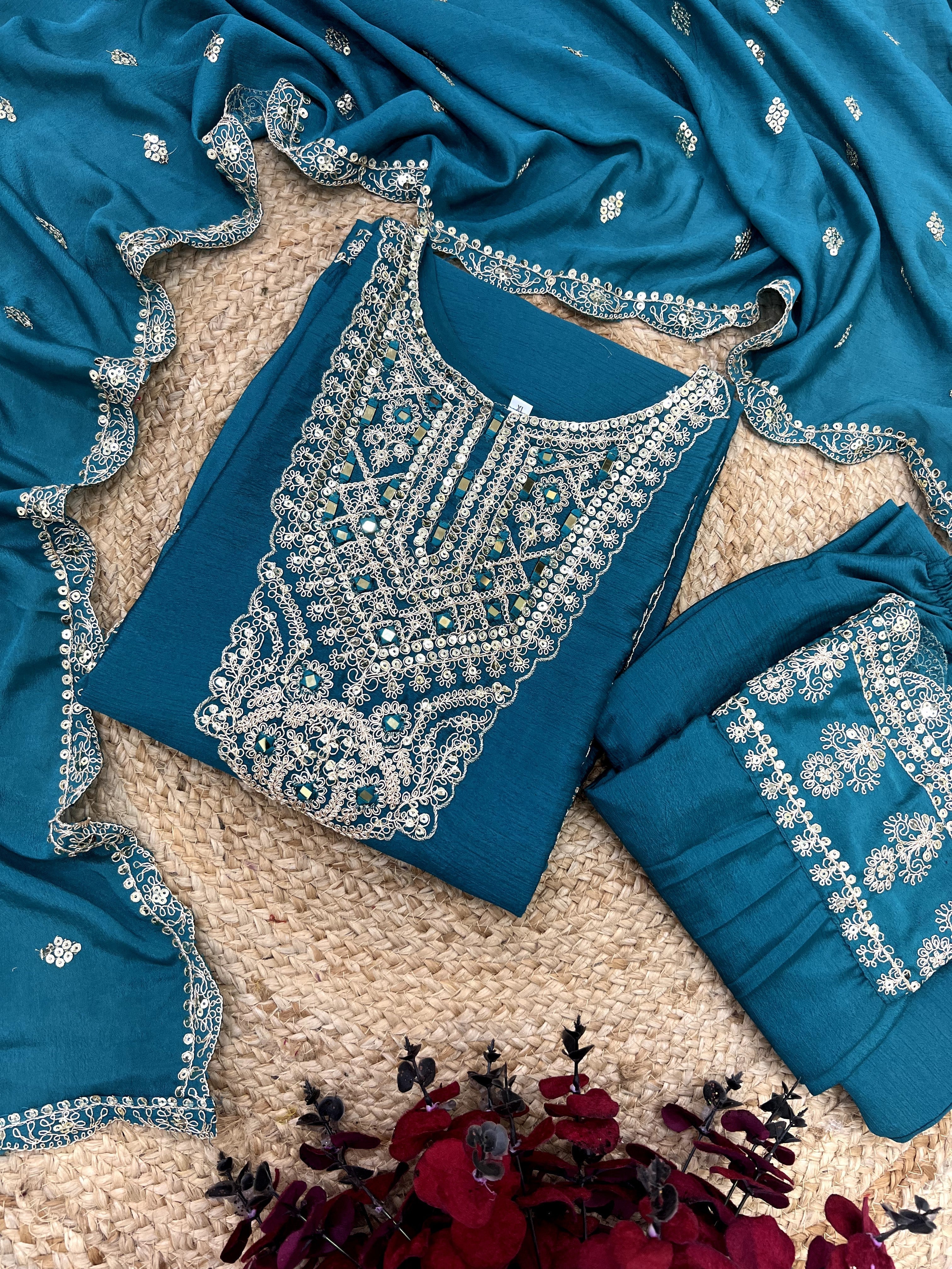 Enamoring Teal Blue Chinon Silk Sequins Embroidered Straight Suit - ETHNICDEAL