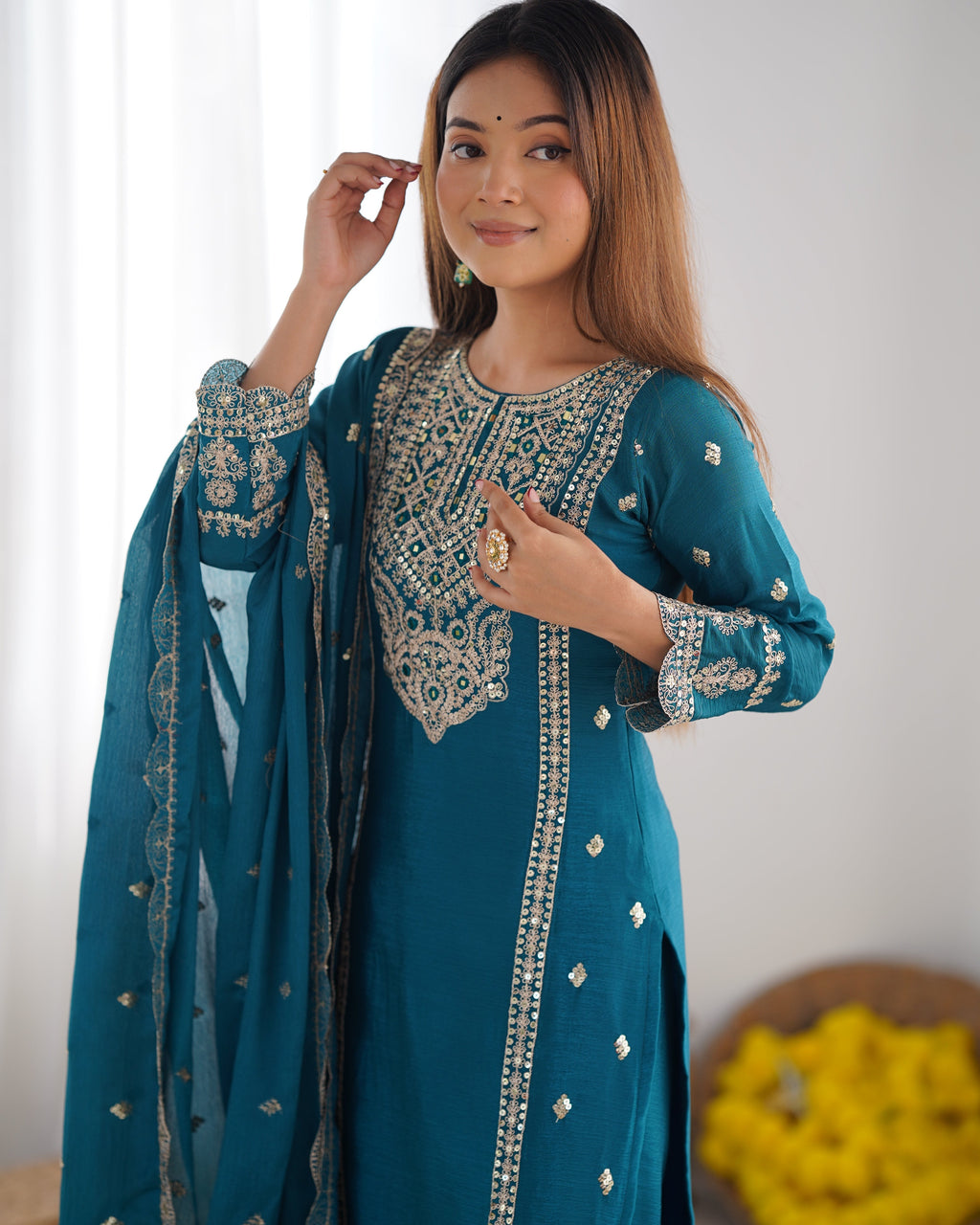 Enamoring Teal Blue Chinon Silk Sequins Embroidered Straight Suit - ETHNICDEAL