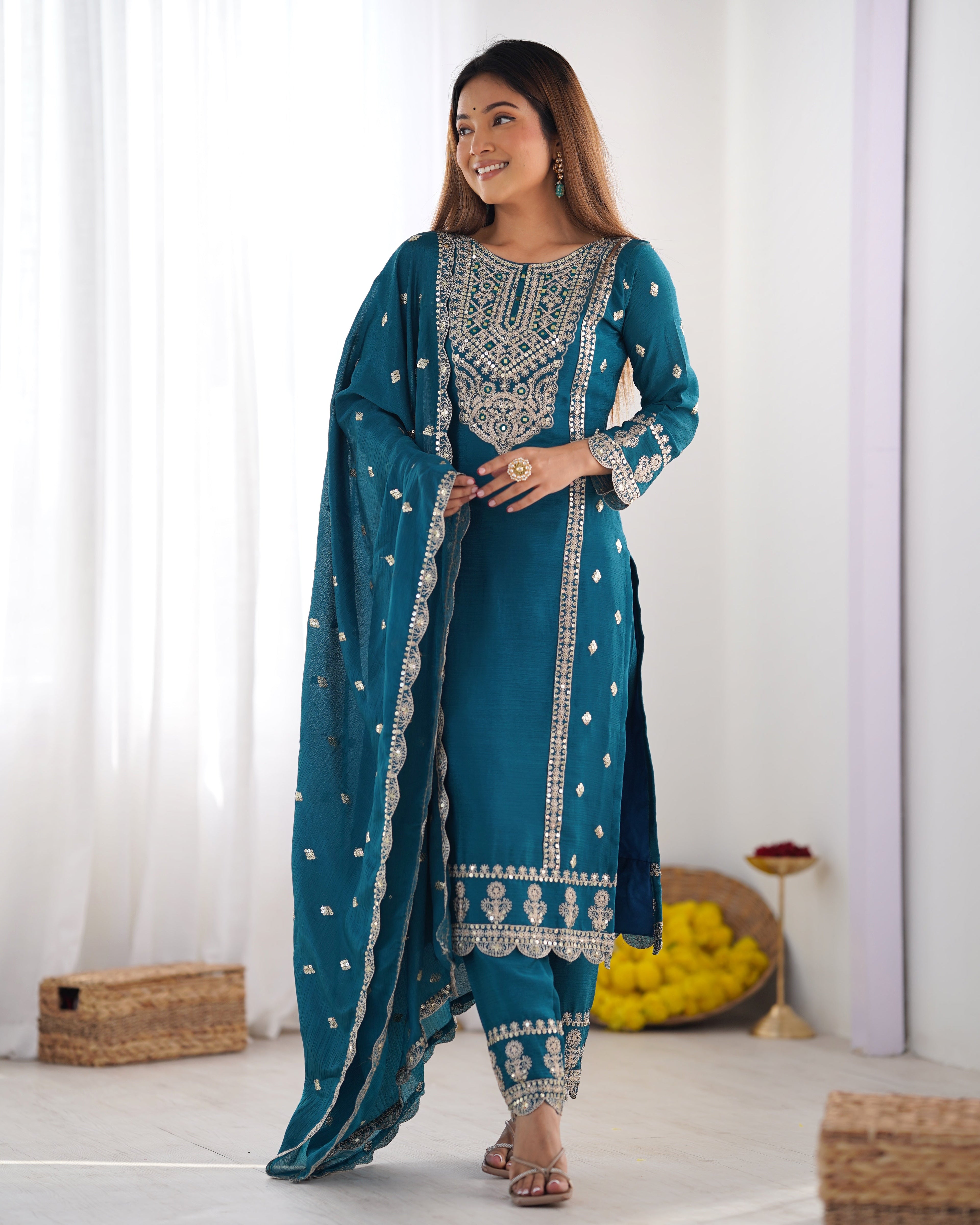 Enamoring Teal Blue Chinon Silk Sequins Embroidered Straight Suit - ETHNICDEAL