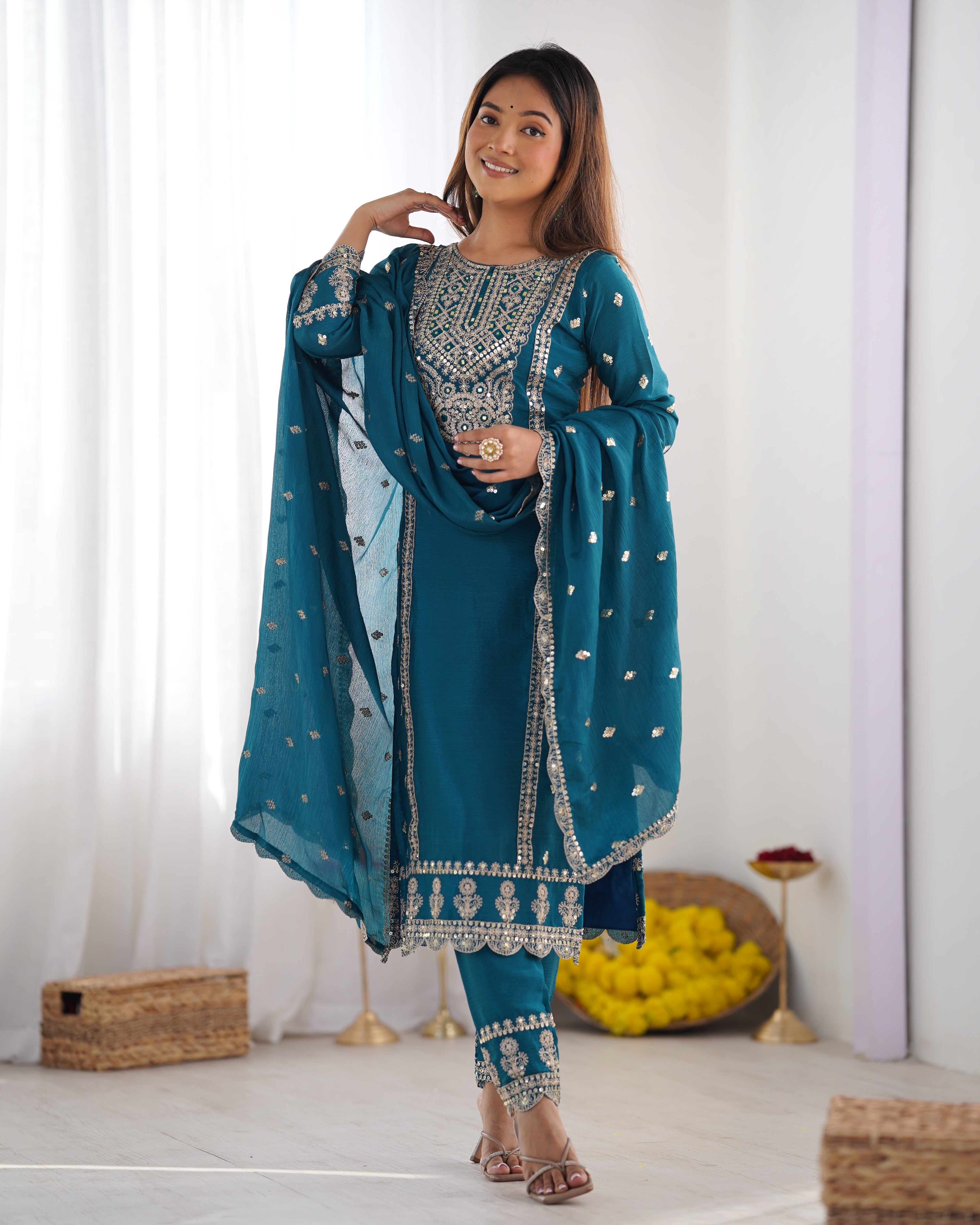 Enamoring Teal Blue Chinon Silk Sequins Embroidered Straight Suit - ETHNICDEAL
