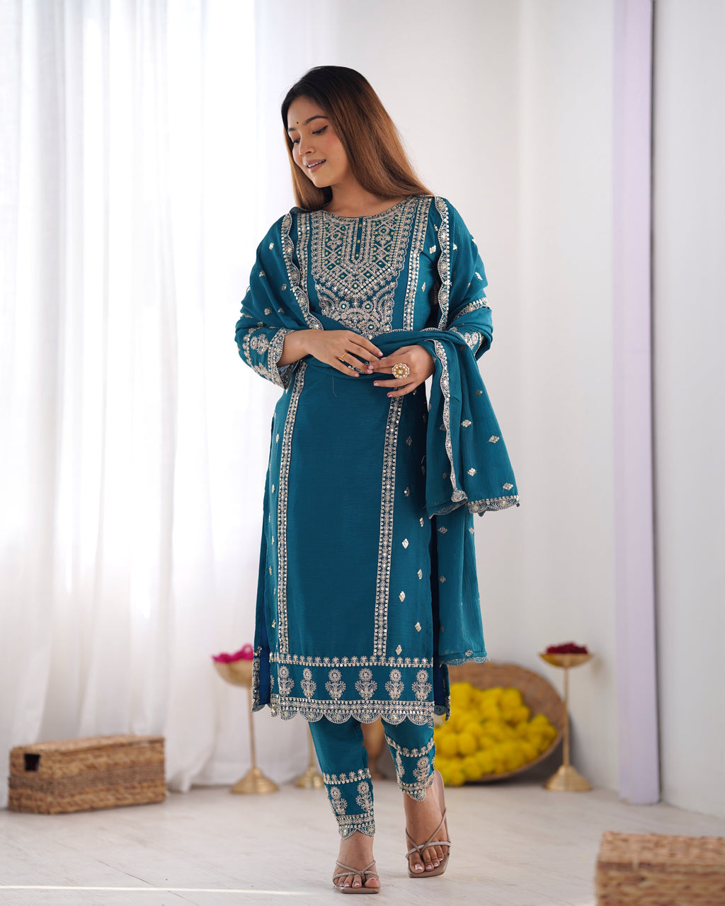 Enamoring Teal Blue Chinon Silk Sequins Embroidered Straight Suit - ETHNICDEAL